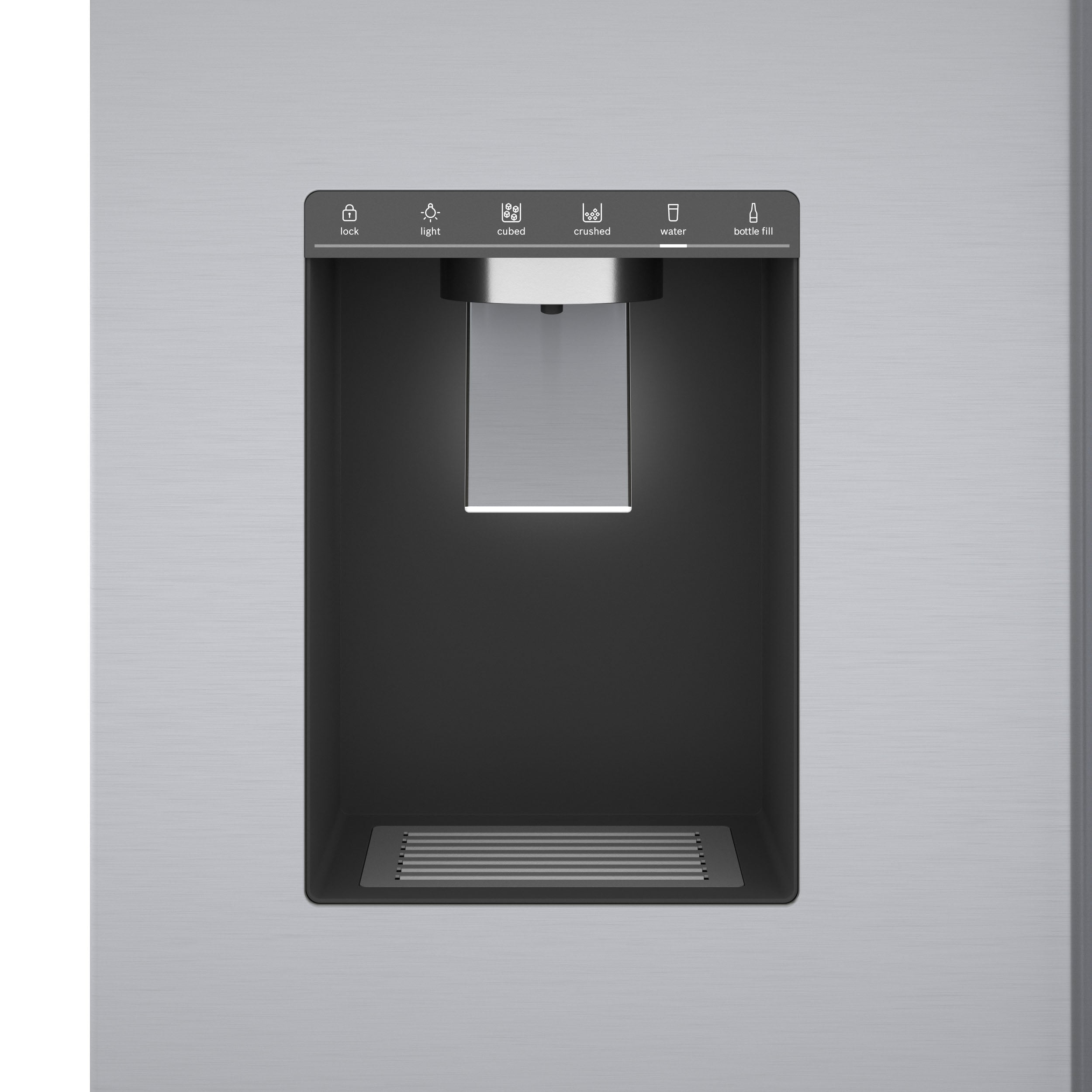 Refrigerador francés de puerta triple compatible con Smart de la serie 500 de Bosch de profundidad de mostrador con fabricador de hielo, dispensador de agua e hielo (Acero inoxidable) Certificado ENERGY STAR B36CD50SNS