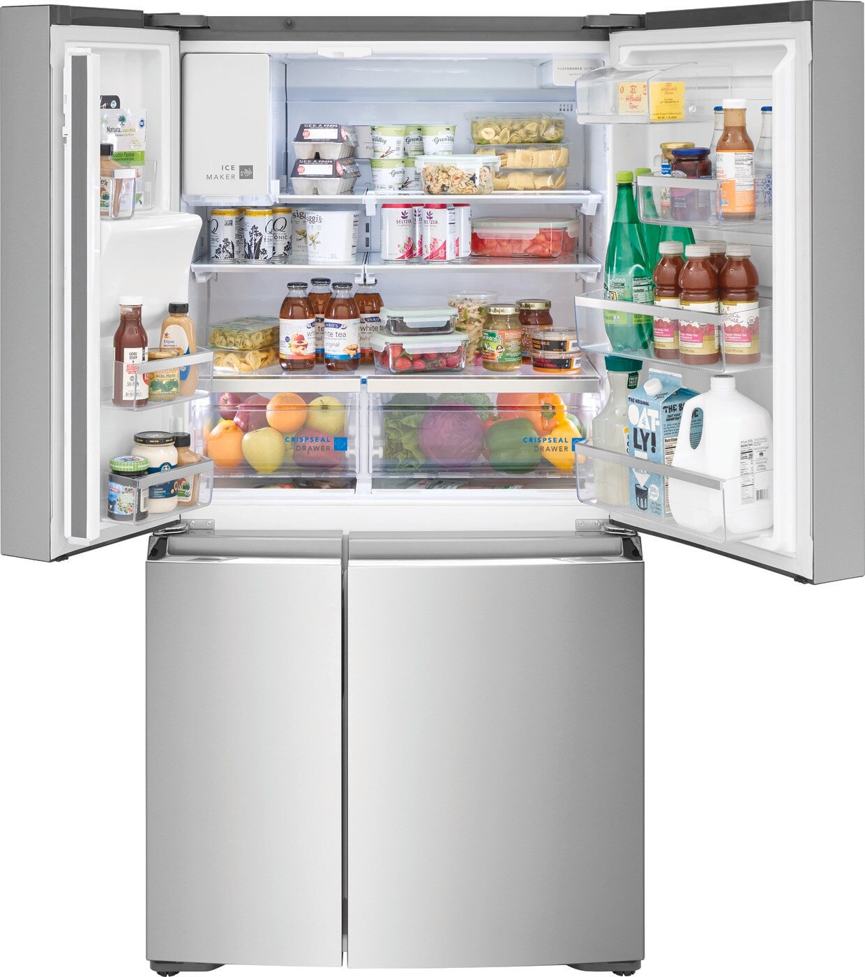 Refrigerador francés de 4 puertas con dispensador de hielo y agua, resistente a huellas dactilares, certificado ENERGY STAR de Frigidaire Gallery de 21.5 pies cúbicos de profundidad de mostrador.