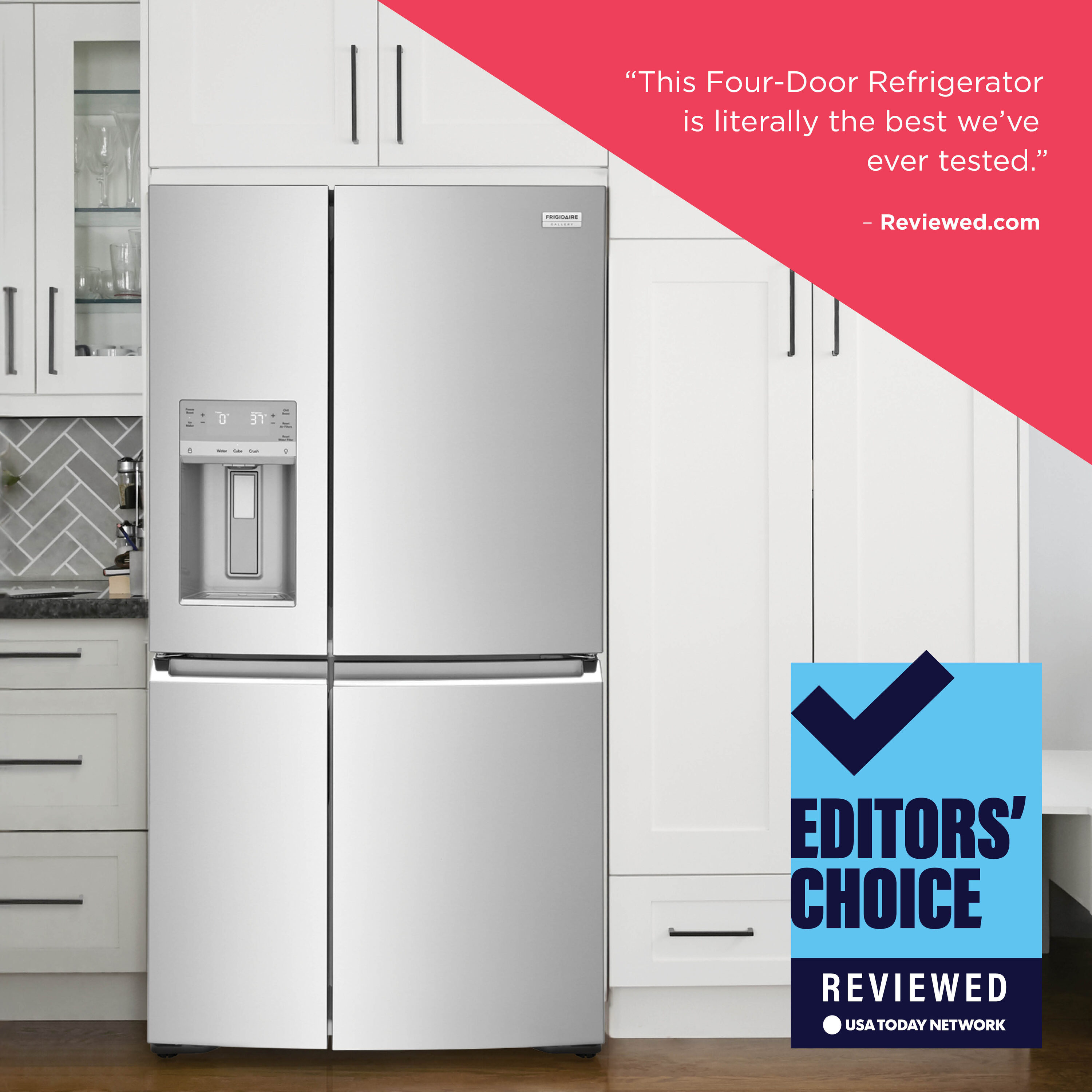 Refrigerador francés de 4 puertas con dispensador de hielo y agua, resistente a huellas dactilares, certificado ENERGY STAR de Frigidaire Gallery de 21.5 pies cúbicos de profundidad de mostrador.