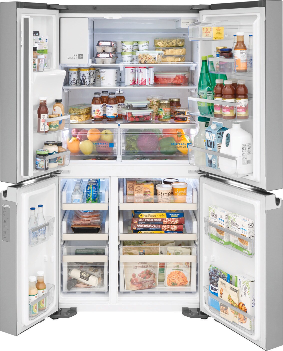 Refrigerador francés de 4 puertas con dispensador de hielo y agua, resistente a huellas dactilares, certificado ENERGY STAR de Frigidaire Gallery de 21.5 pies cúbicos de profundidad de mostrador.