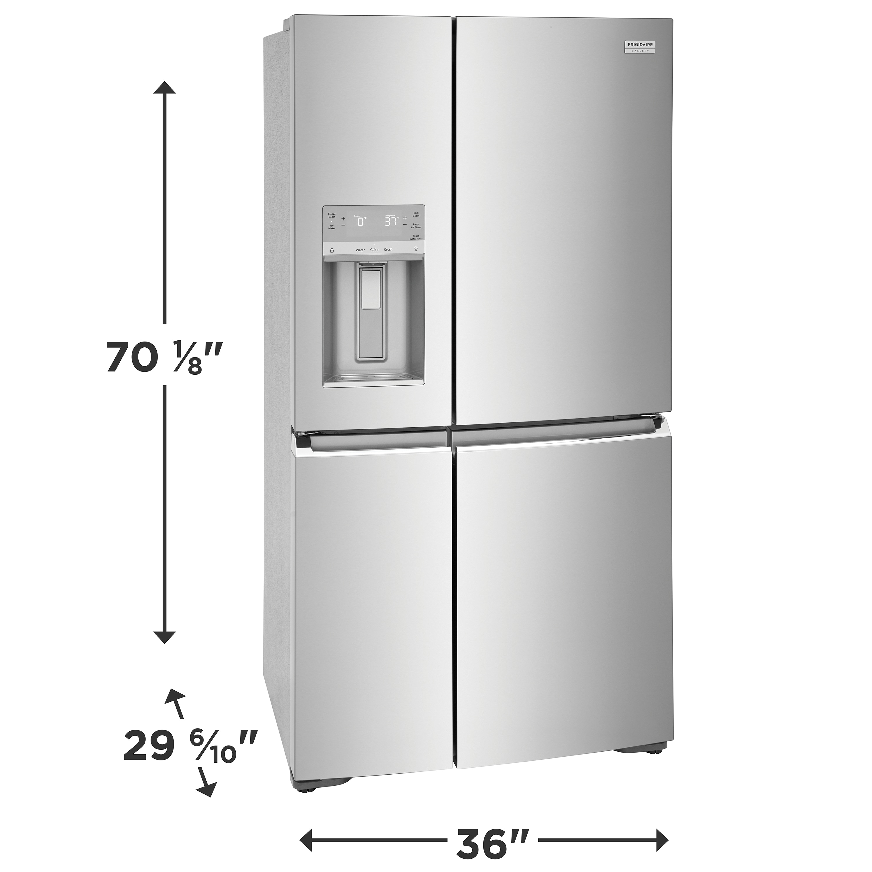 Refrigerador francés de 4 puertas con dispensador de hielo y agua, resistente a huellas dactilares, certificado ENERGY STAR de Frigidaire Gallery de 21.5 pies cúbicos de profundidad de mostrador.