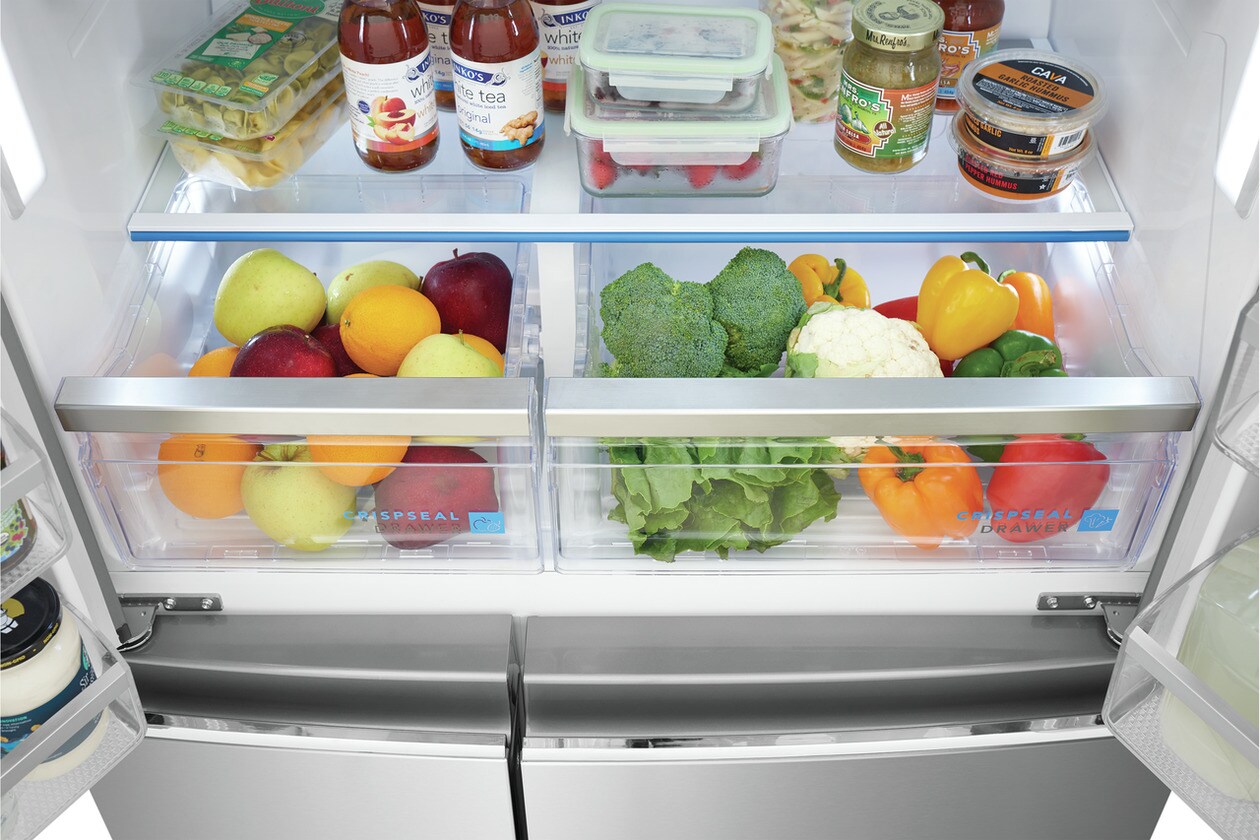 Refrigerador francés de 4 puertas con dispensador de hielo y agua, resistente a huellas dactilares, certificado ENERGY STAR de Frigidaire Gallery de 21.5 pies cúbicos de profundidad de mostrador.