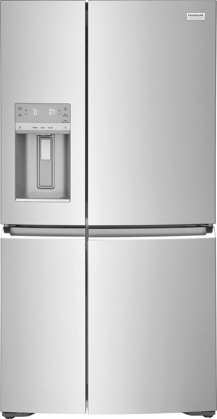 Refrigerador francés de 4 puertas con dispensador de hielo y agua, resistente a huellas dactilares, certificado ENERGY STAR de Frigidaire Gallery de 21.5 pies cúbicos de profundidad de mostrador.