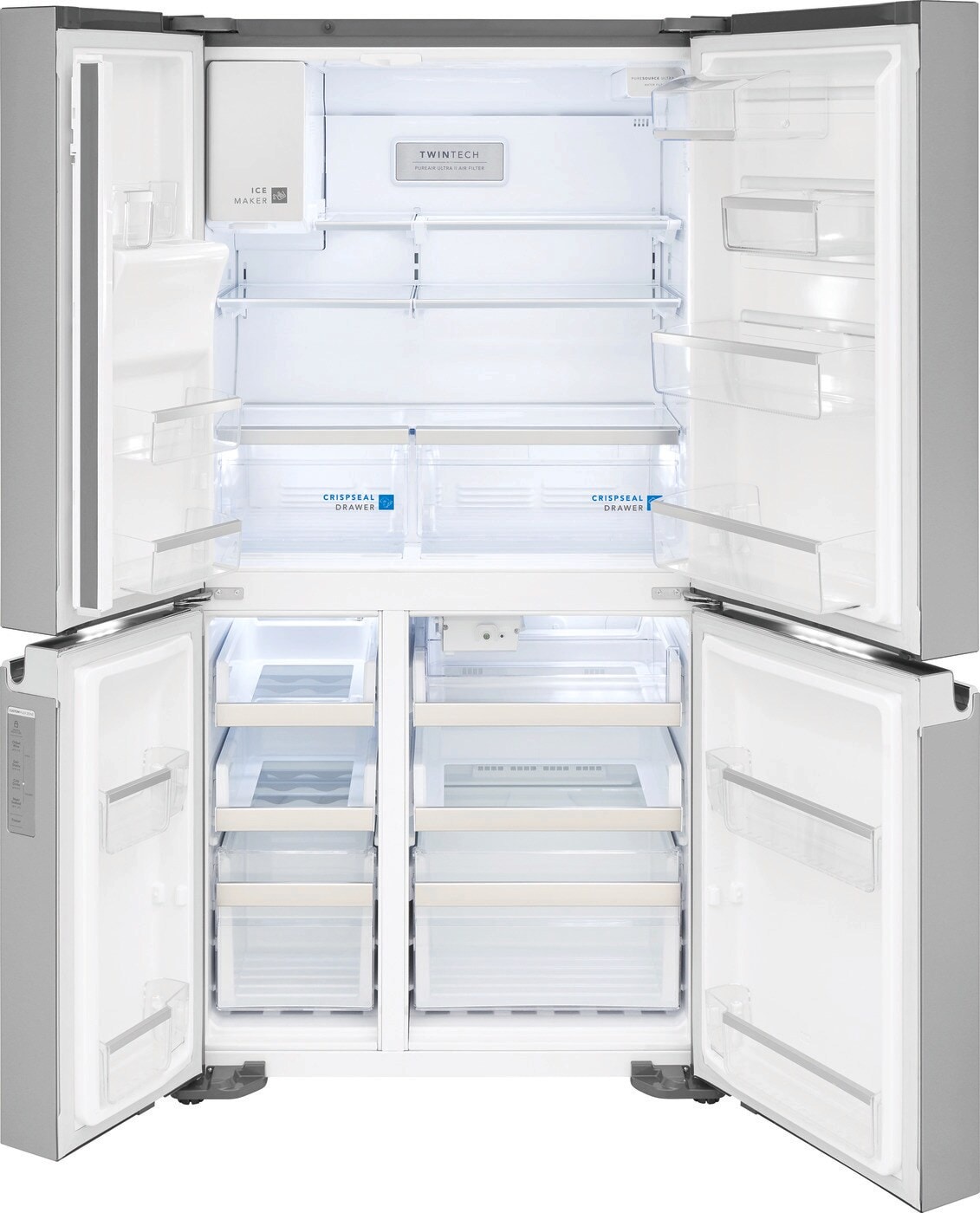 Refrigerador francés de 4 puertas con dispensador de hielo y agua, resistente a huellas dactilares, certificado ENERGY STAR de Frigidaire Gallery de 21.5 pies cúbicos de profundidad de mostrador.