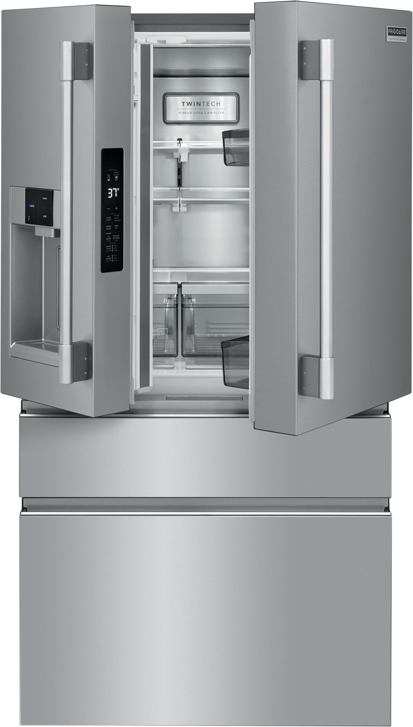 Refrigerador Francés de Puerta Doble de 4 Puertas Profesional de Frigidaire con Capacidad de 21.4 pies cúbicos y Fabricador de Hielo Doble con Dispensador de Agua y Hielo (Acero Inoxidable Anti-Huellas) Certificado por ENERGY STAR
