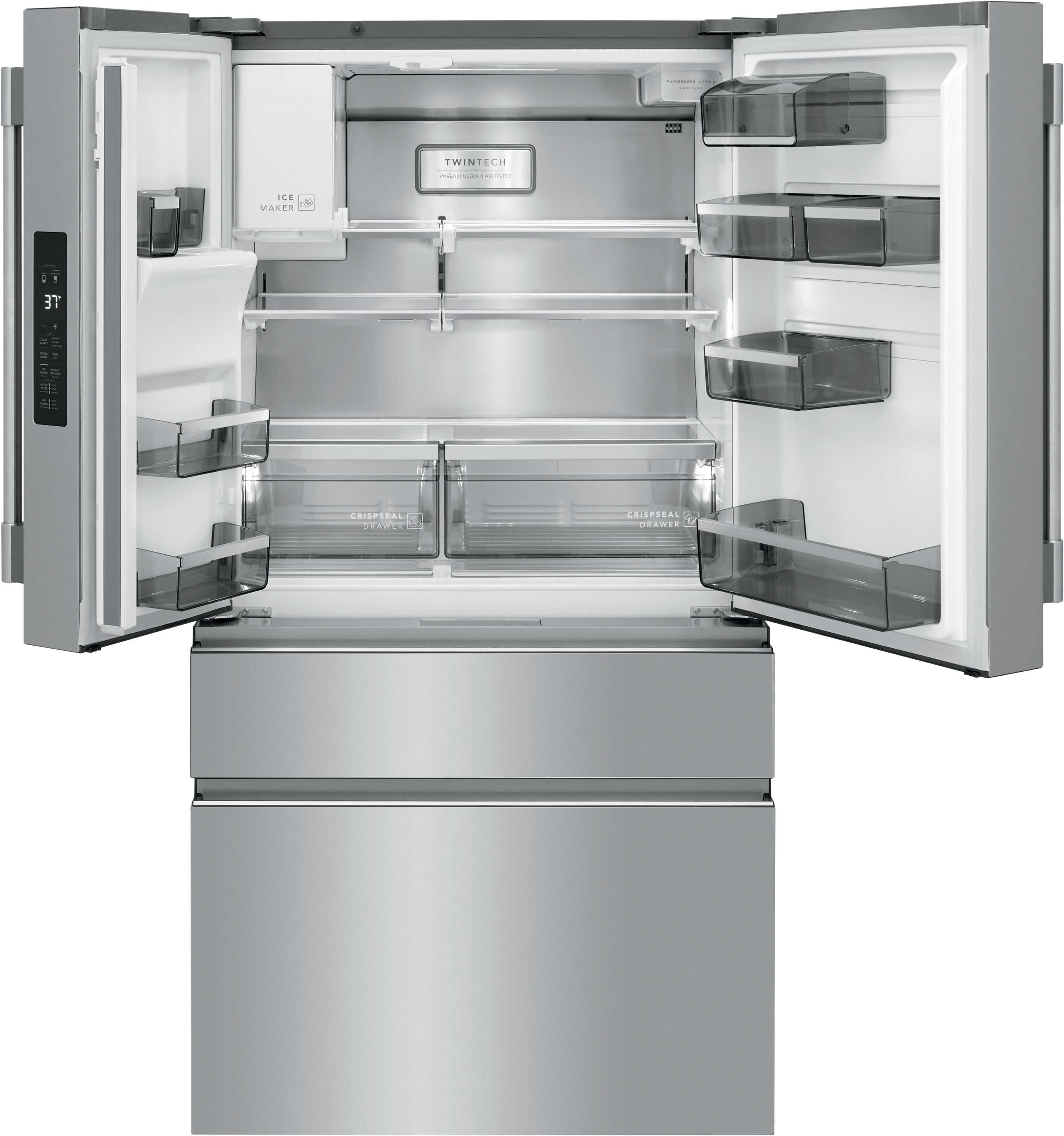 Refrigerador Francés de Puerta Doble de 4 Puertas Profesional de Frigidaire con Capacidad de 21.4 pies cúbicos y Fabricador de Hielo Doble con Dispensador de Agua y Hielo (Acero Inoxidable Anti-Huellas) Certificado por ENERGY STAR