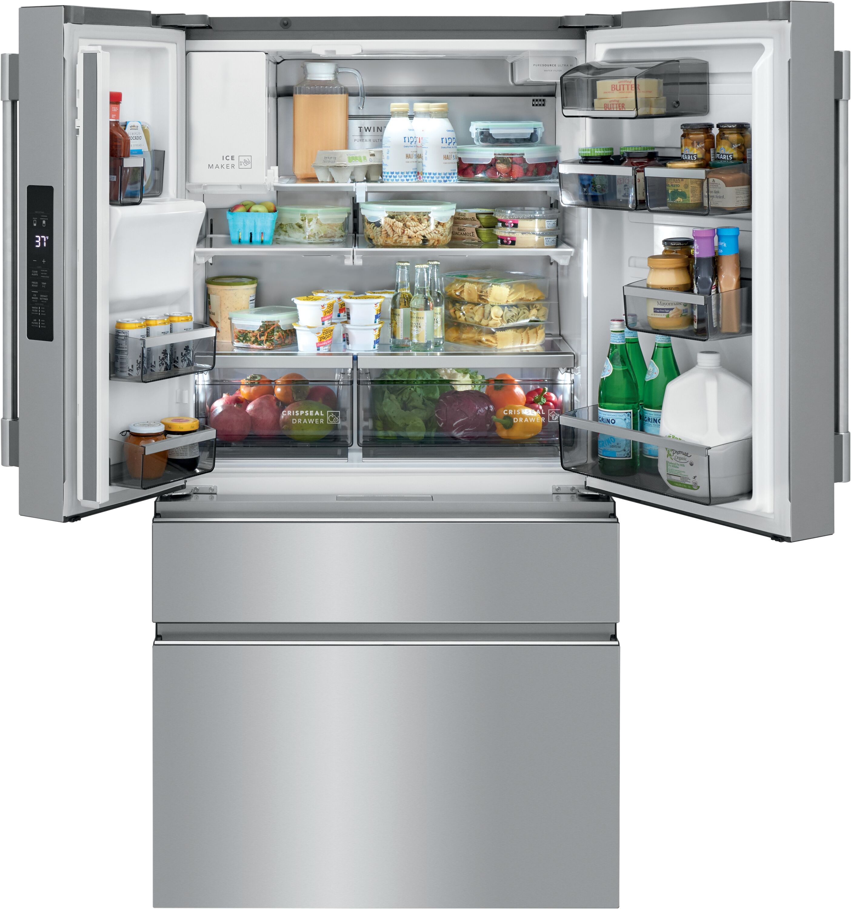 Refrigerador Francés de Puerta Doble de 4 Puertas Profesional de Frigidaire con Capacidad de 21.4 pies cúbicos y Fabricador de Hielo Doble con Dispensador de Agua y Hielo (Acero Inoxidable Anti-Huellas) Certificado por ENERGY STAR