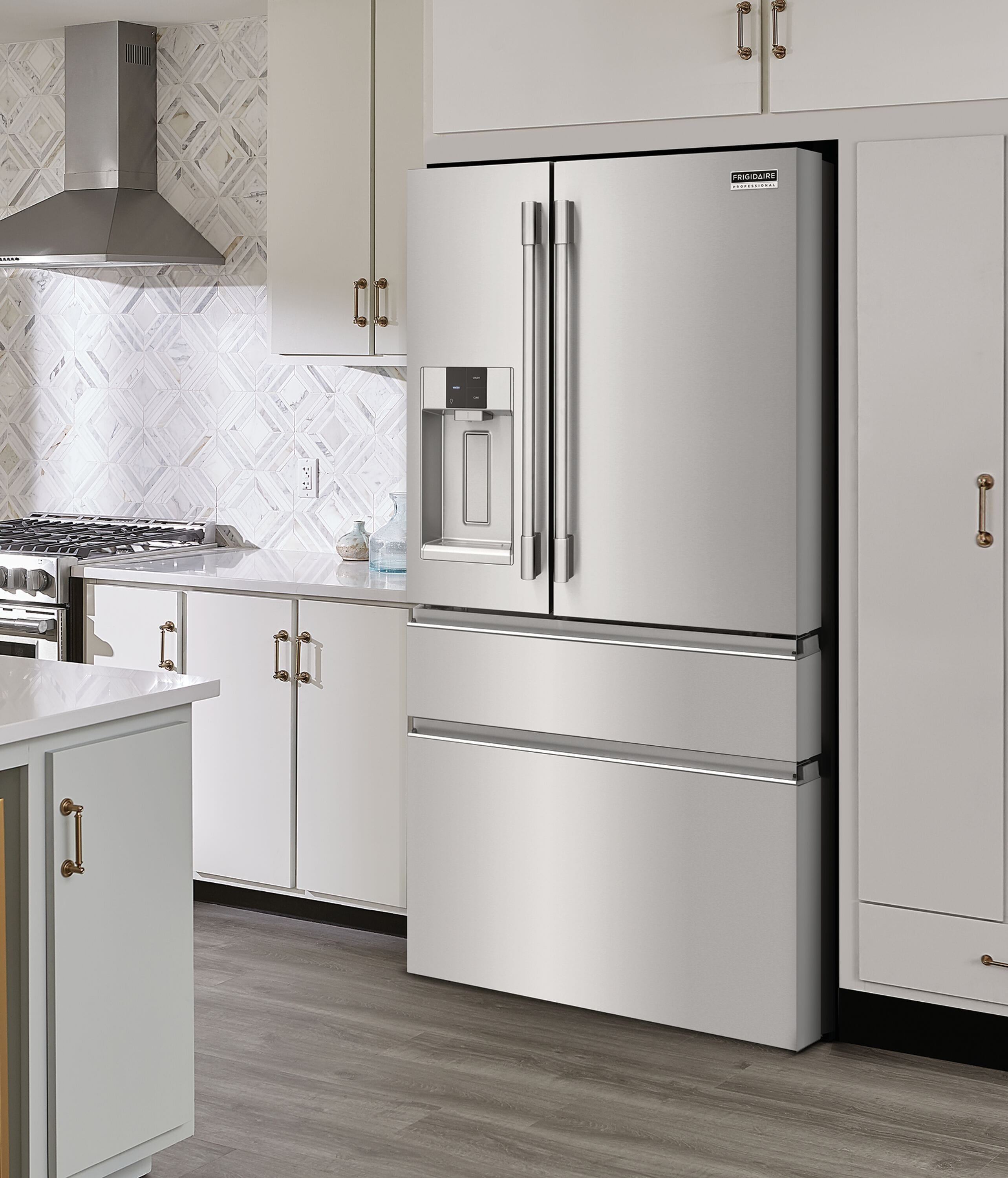 Refrigerador Francés de Puerta Doble de 4 Puertas Profesional de Frigidaire con Capacidad de 21.4 pies cúbicos y Fabricador de Hielo Doble con Dispensador de Agua y Hielo (Acero Inoxidable Anti-Huellas) Certificado por ENERGY STAR