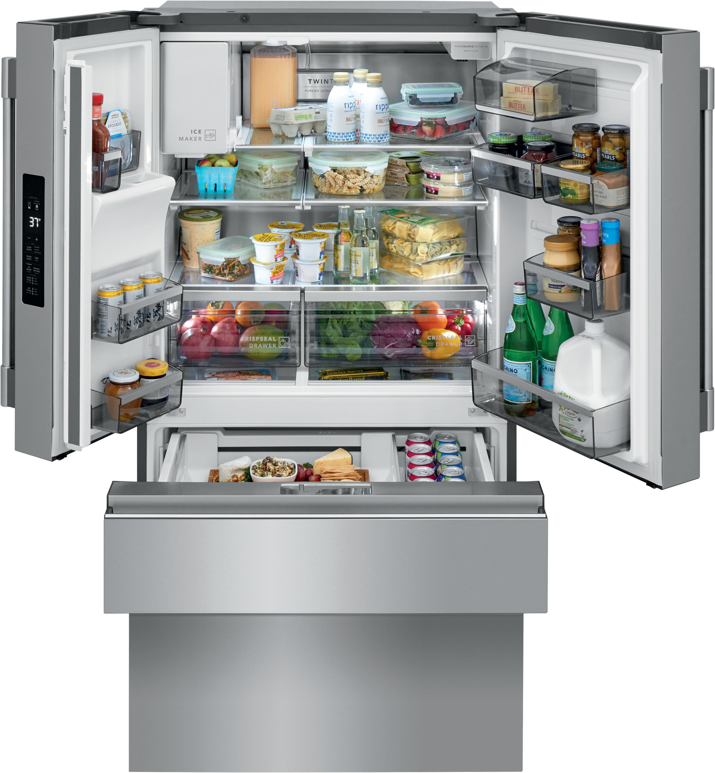 Refrigerador Francés de Puerta Doble de 4 Puertas Profesional de Frigidaire con Capacidad de 21.4 pies cúbicos y Fabricador de Hielo Doble con Dispensador de Agua y Hielo (Acero Inoxidable Anti-Huellas) Certificado por ENERGY STAR