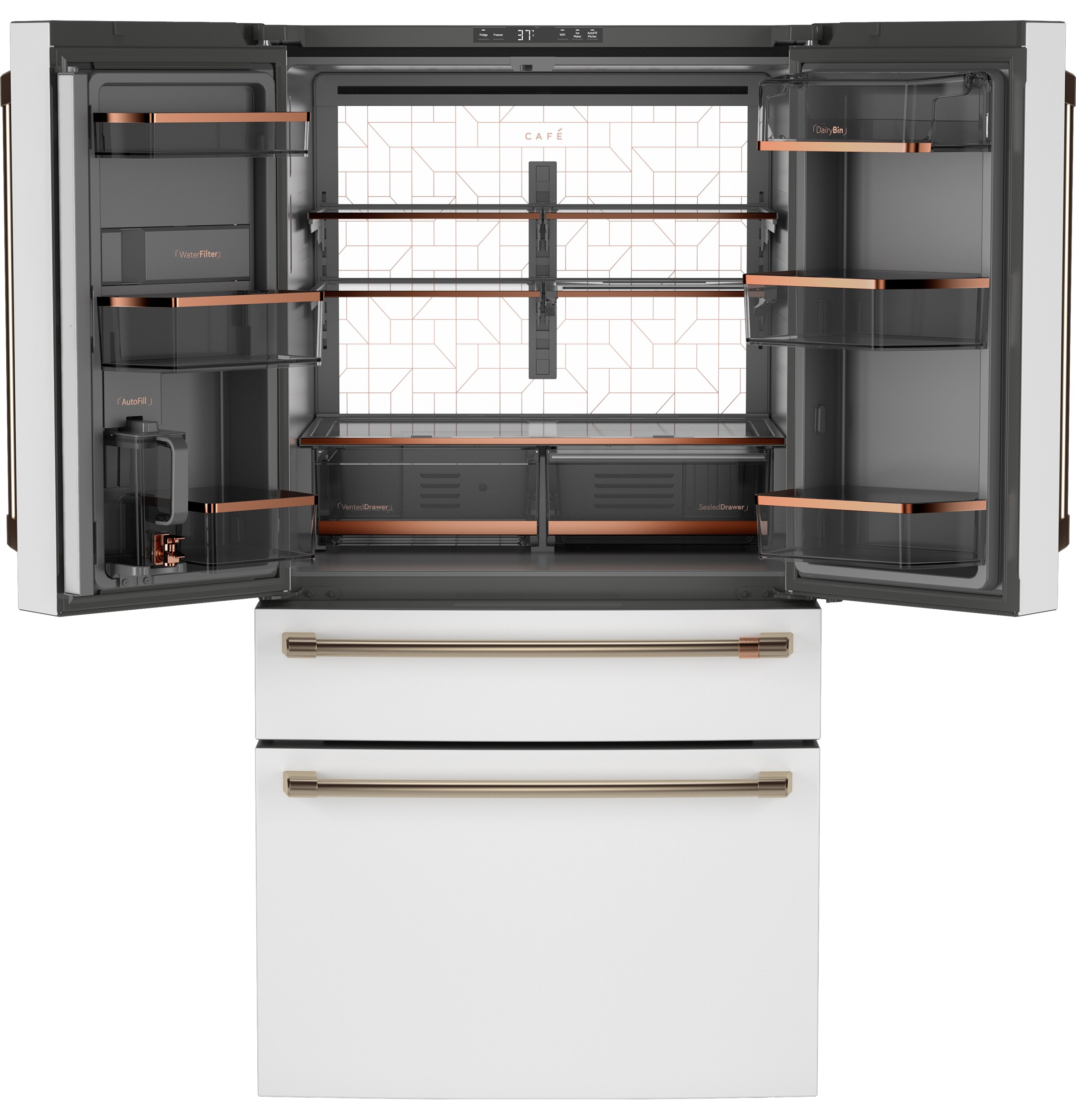Refrigerador francés estándar de profundidad de 28.7 pies cúbicos con 4 puertas compatible con tecnología inteligente, fabricador de hielo y dispensador de agua (blanco mate) Certificado ENERGY STAR.