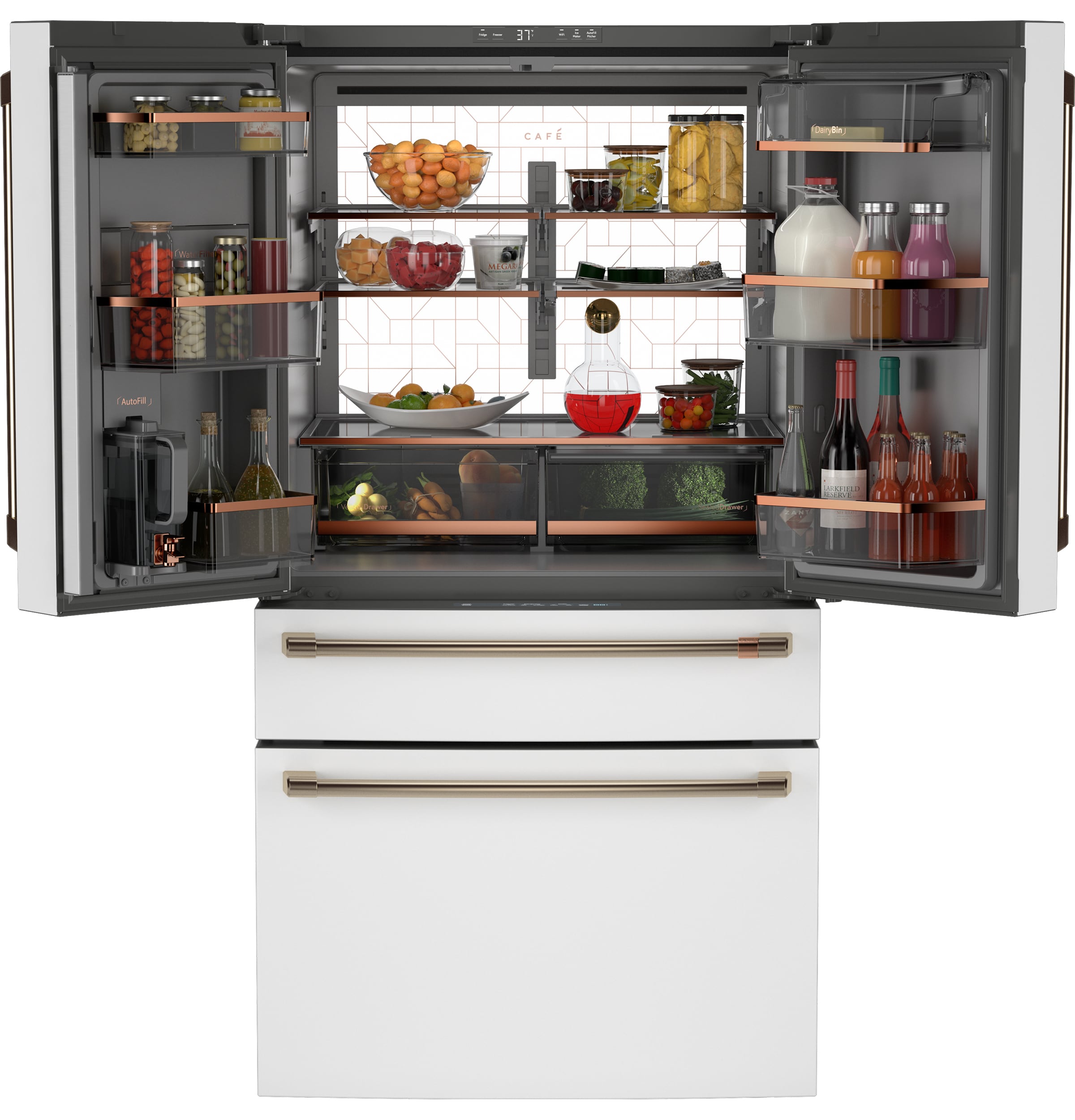 Refrigerador francés estándar de profundidad de 28.7 pies cúbicos con 4 puertas compatible con tecnología inteligente, fabricador de hielo y dispensador de agua (blanco mate) Certificado ENERGY STAR.