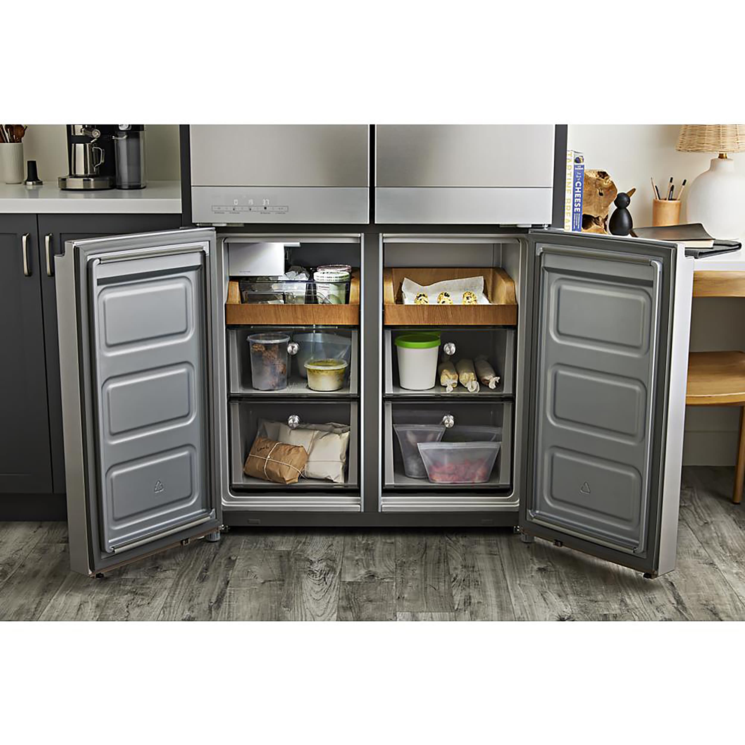 Refrigerador francés de 4 puertas con fabricador de hielo KitchenAid Counter-Depth de 19.4 pies cúbicos (Acero metálico resistente a manchas) certificado ENERGY STAR KRQC506MPS