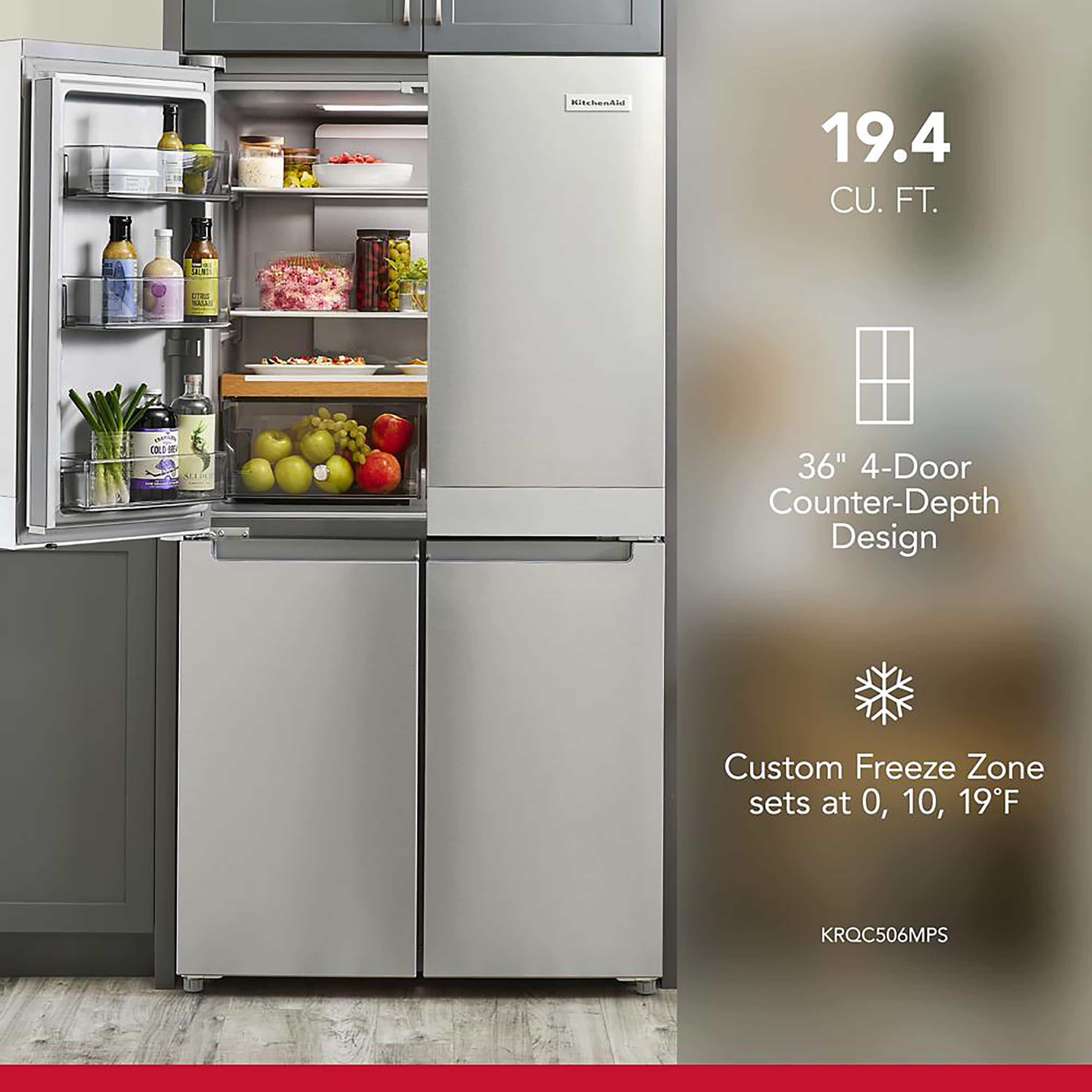 Refrigerador francés de 4 puertas con fabricador de hielo KitchenAid Counter-Depth de 19.4 pies cúbicos (Acero metálico resistente a manchas) certificado ENERGY STAR KRQC506MPS