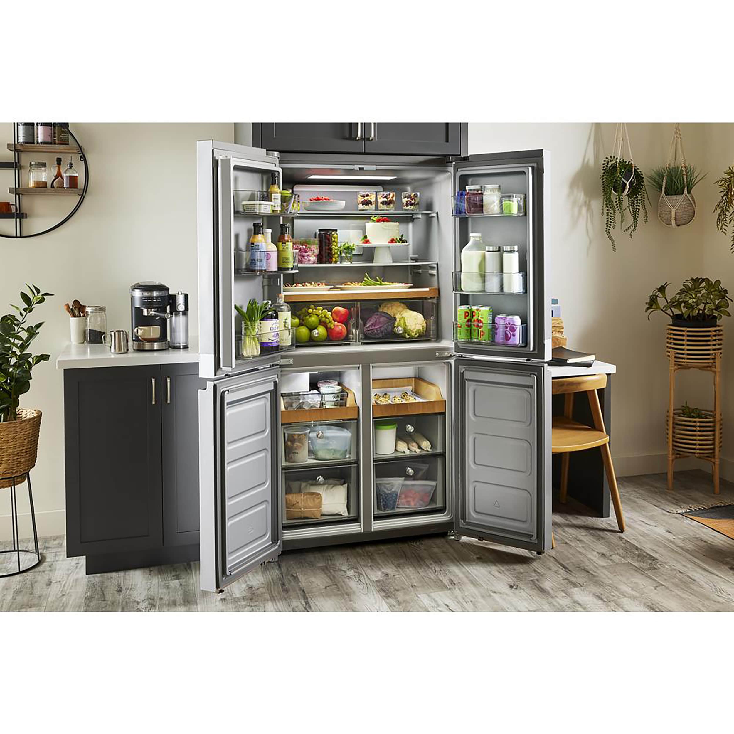 Refrigerador francés de 4 puertas con fabricador de hielo KitchenAid Counter-Depth de 19.4 pies cúbicos (Acero metálico resistente a manchas) certificado ENERGY STAR KRQC506MPS