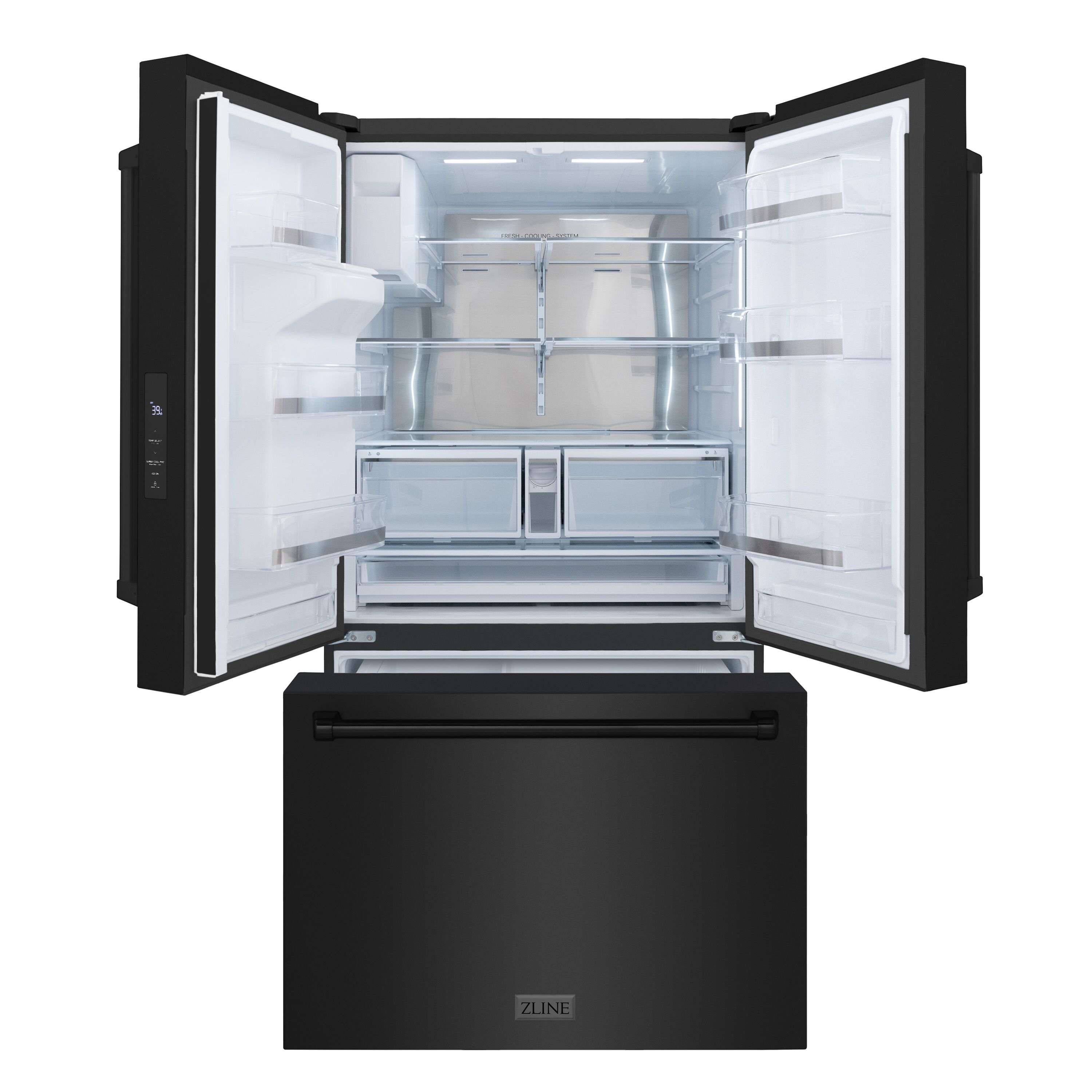 Nevera de puertas francesas de 3 puertas de 28.9 pies cúbicos con fabricante de hielo y dispensador de agua e hielo (acero inoxidable negro con asa de acero inoxidable negro) con certificación ENERGY STAR de ZLINE KITCHEN & BATH Profundidad estándar RSM-W-36-BS.