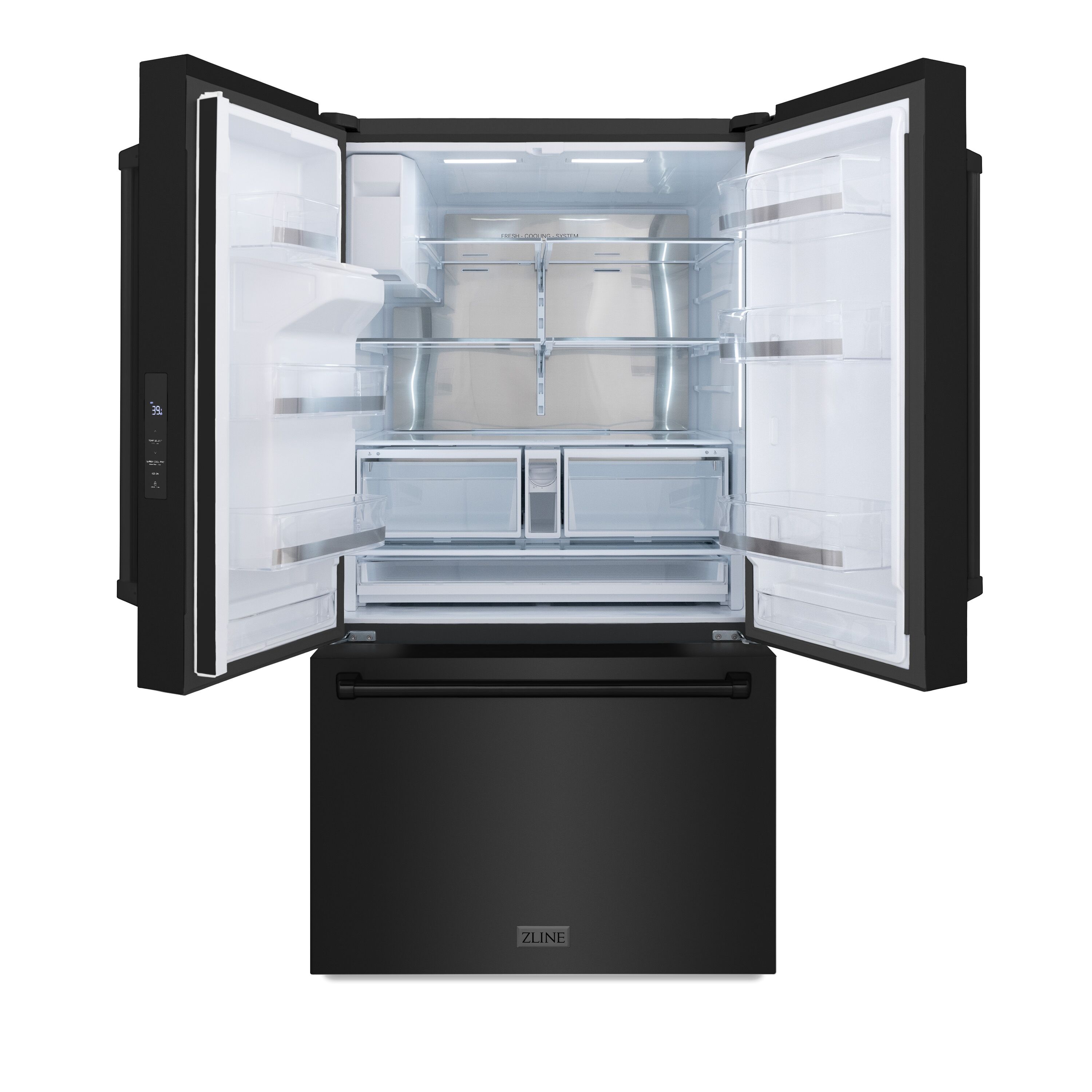 Nevera de puertas francesas de 3 puertas de 28.9 pies cúbicos con fabricante de hielo y dispensador de agua e hielo (acero inoxidable negro con asa de acero inoxidable negro) con certificación ENERGY STAR de ZLINE KITCHEN & BATH Profundidad estándar RSM-W-36-BS.
