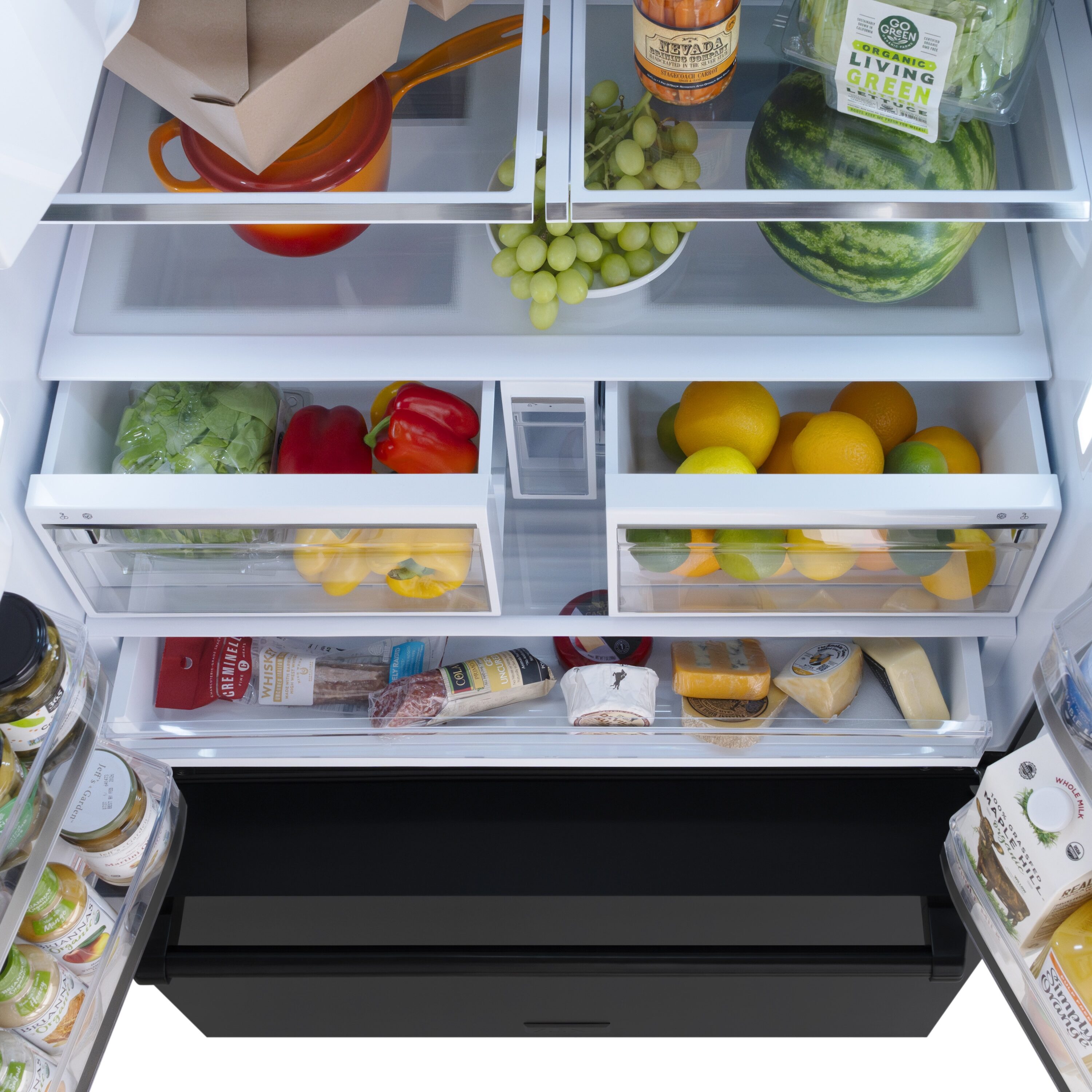 Nevera de puertas francesas de 3 puertas de 28.9 pies cúbicos con fabricante de hielo y dispensador de agua e hielo (acero inoxidable negro con asa de acero inoxidable negro) con certificación ENERGY STAR de ZLINE KITCHEN & BATH Profundidad estándar RSM-W-36-BS.