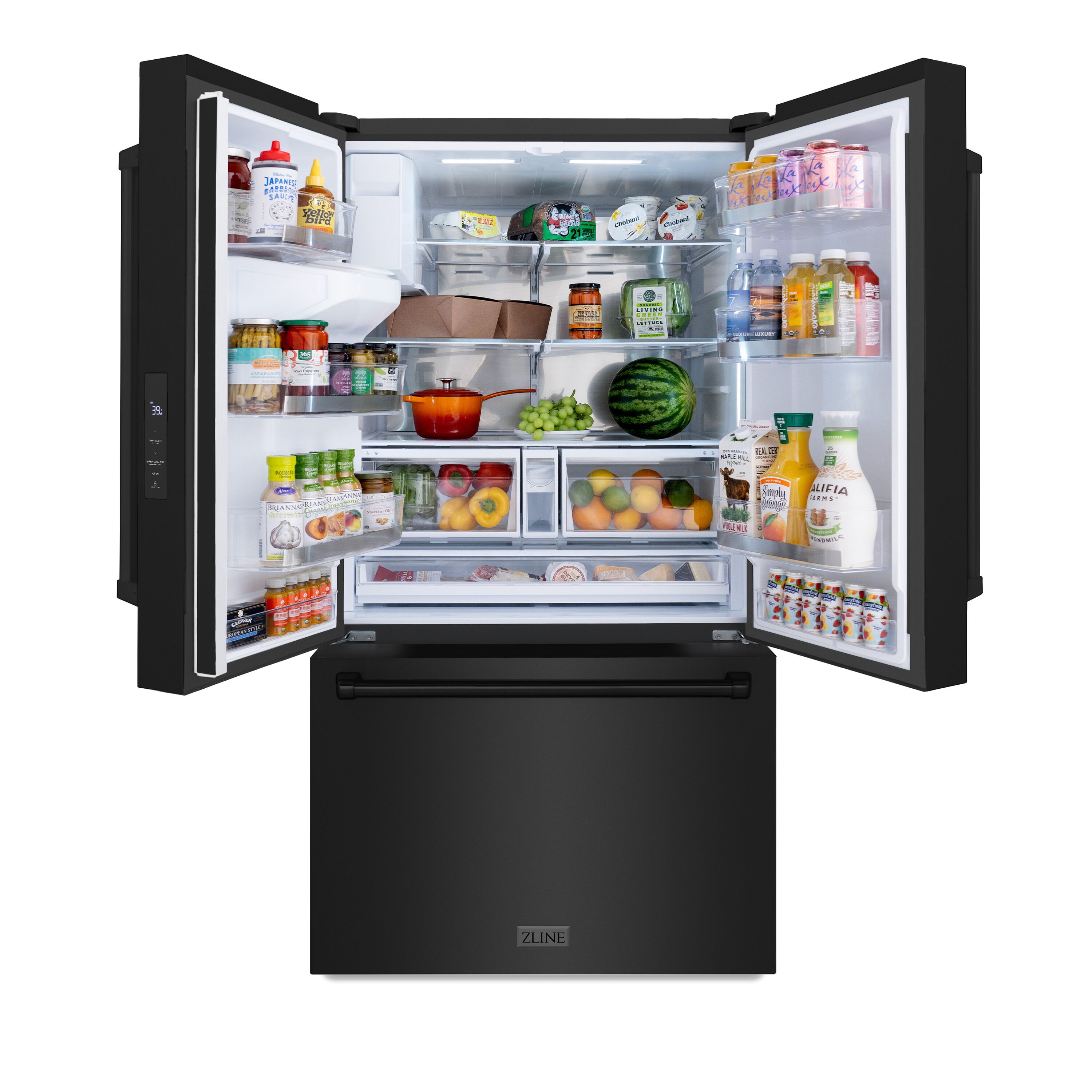 Nevera de puertas francesas de 3 puertas de 28.9 pies cúbicos con fabricante de hielo y dispensador de agua e hielo (acero inoxidable negro con asa de acero inoxidable negro) con certificación ENERGY STAR de ZLINE KITCHEN & BATH Profundidad estándar RSM-W-36-BS.