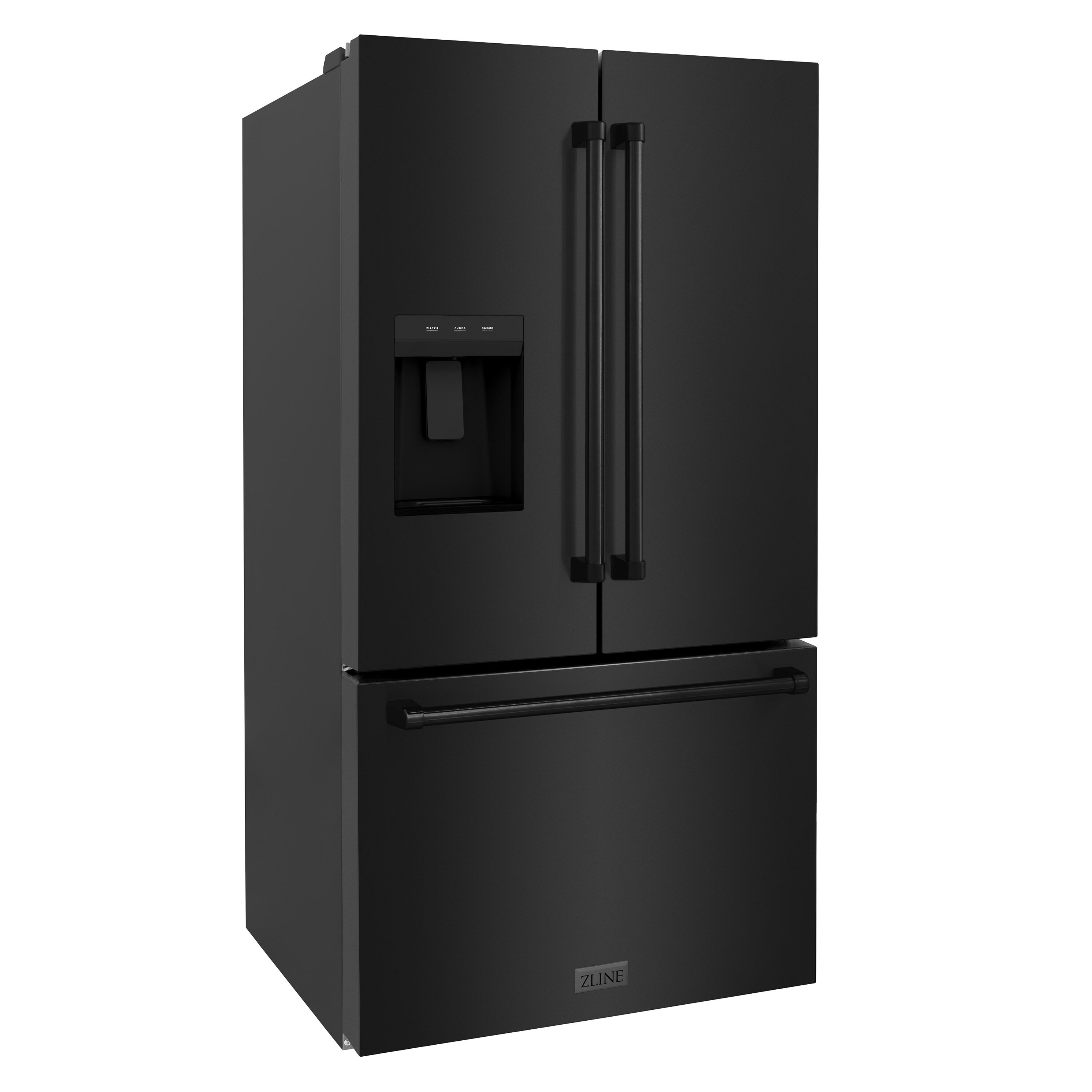 Nevera de puertas francesas de 3 puertas de 28.9 pies cúbicos con fabricante de hielo y dispensador de agua e hielo (acero inoxidable negro con asa de acero inoxidable negro) con certificación ENERGY STAR de ZLINE KITCHEN & BATH Profundidad estándar RSM-W-36-BS.