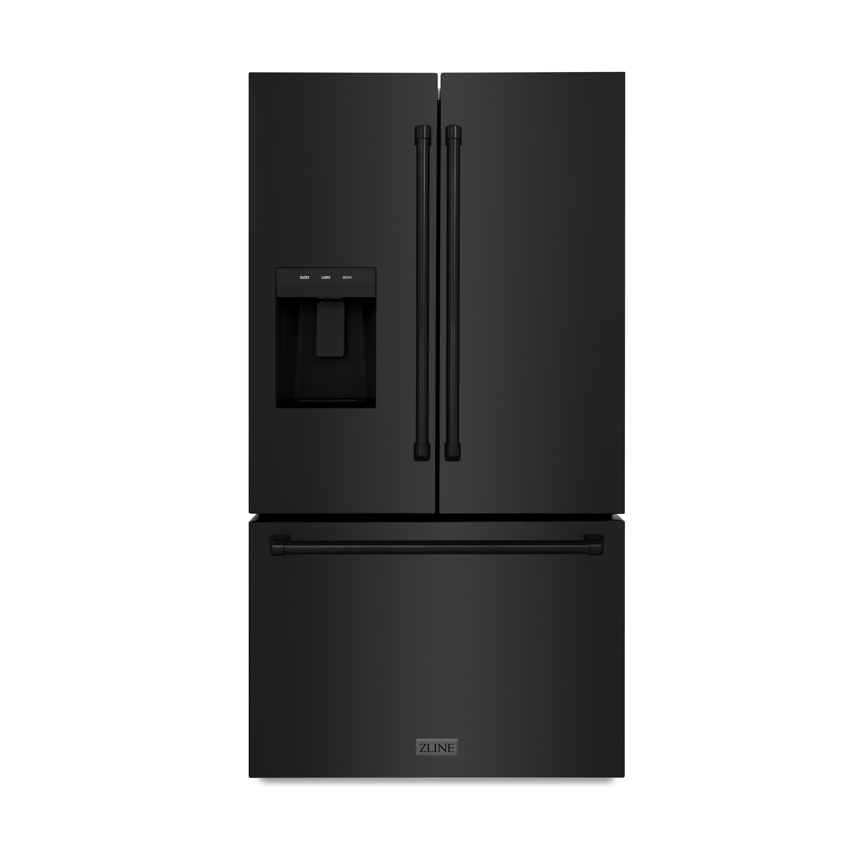 Nevera de puertas francesas de 3 puertas de 28.9 pies cúbicos con fabricante de hielo y dispensador de agua e hielo (acero inoxidable negro con asa de acero inoxidable negro) con certificación ENERGY STAR de ZLINE KITCHEN & BATH Profundidad estándar RSM-W-36-BS.