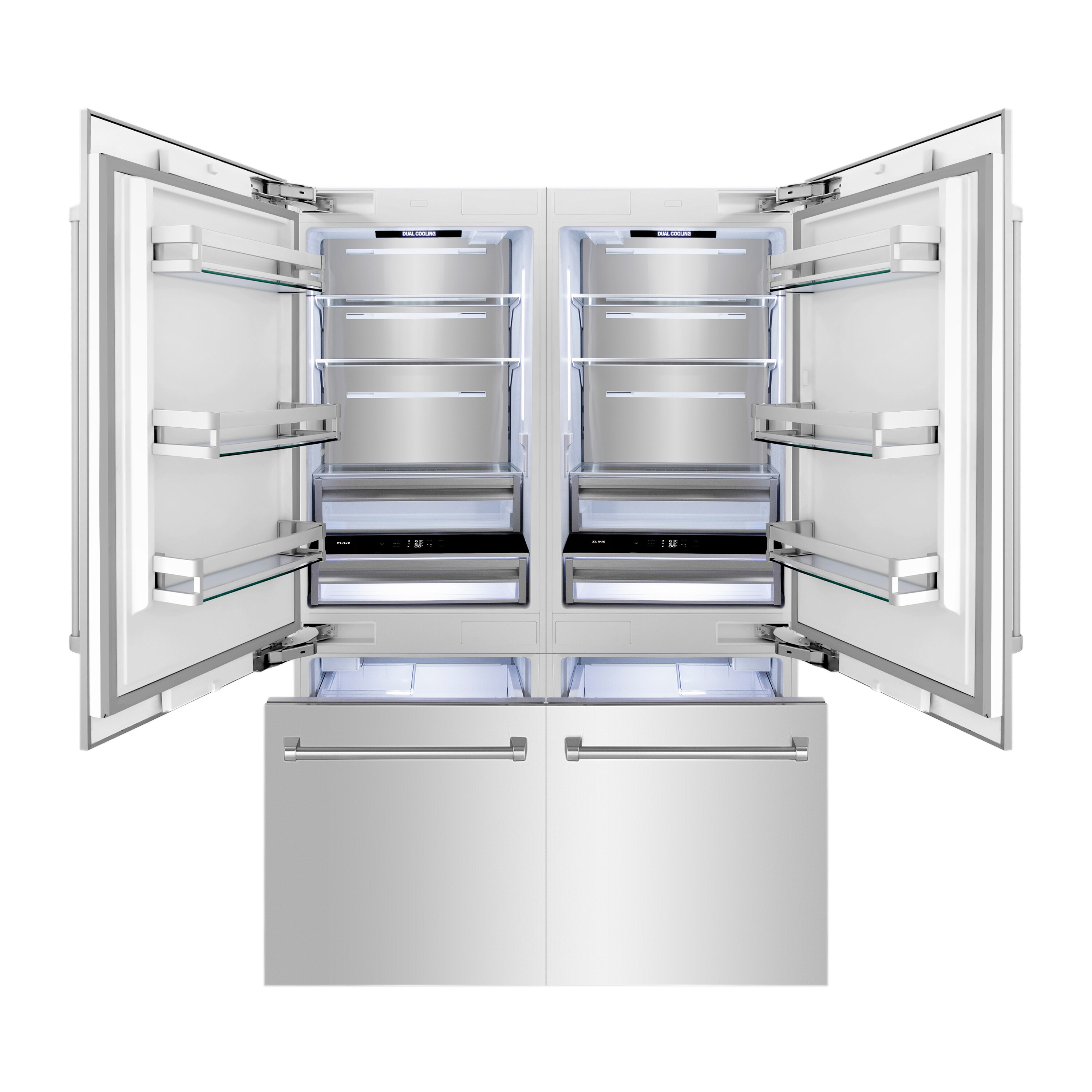 Refrigerador empotrado de estilo francés con dispensador de hielo y agua (acero inoxidable) certificado ENERGY STAR de ZLINE KITCHEN & BATH con 32.2 pies cúbicos de capacidad y profundidad de mostrador.