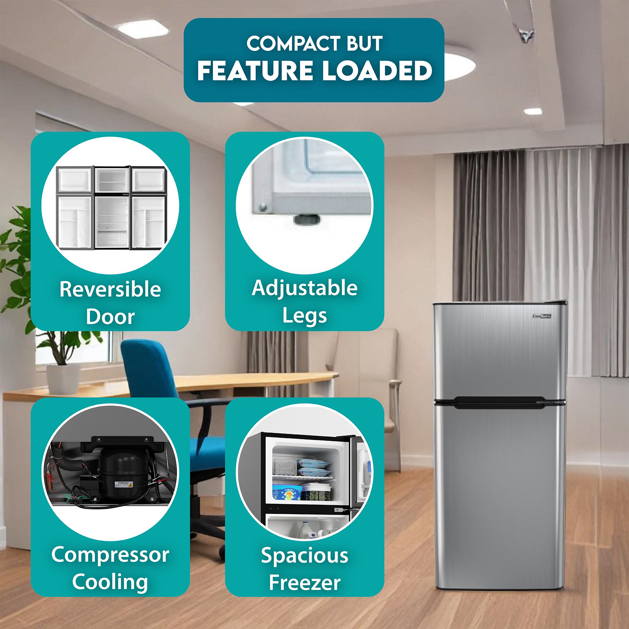 Refrigerador Mini ConServ de 4.5 pies cúbicos con congelador (Acero Inoxidable) CRMF 4502 ACERO.