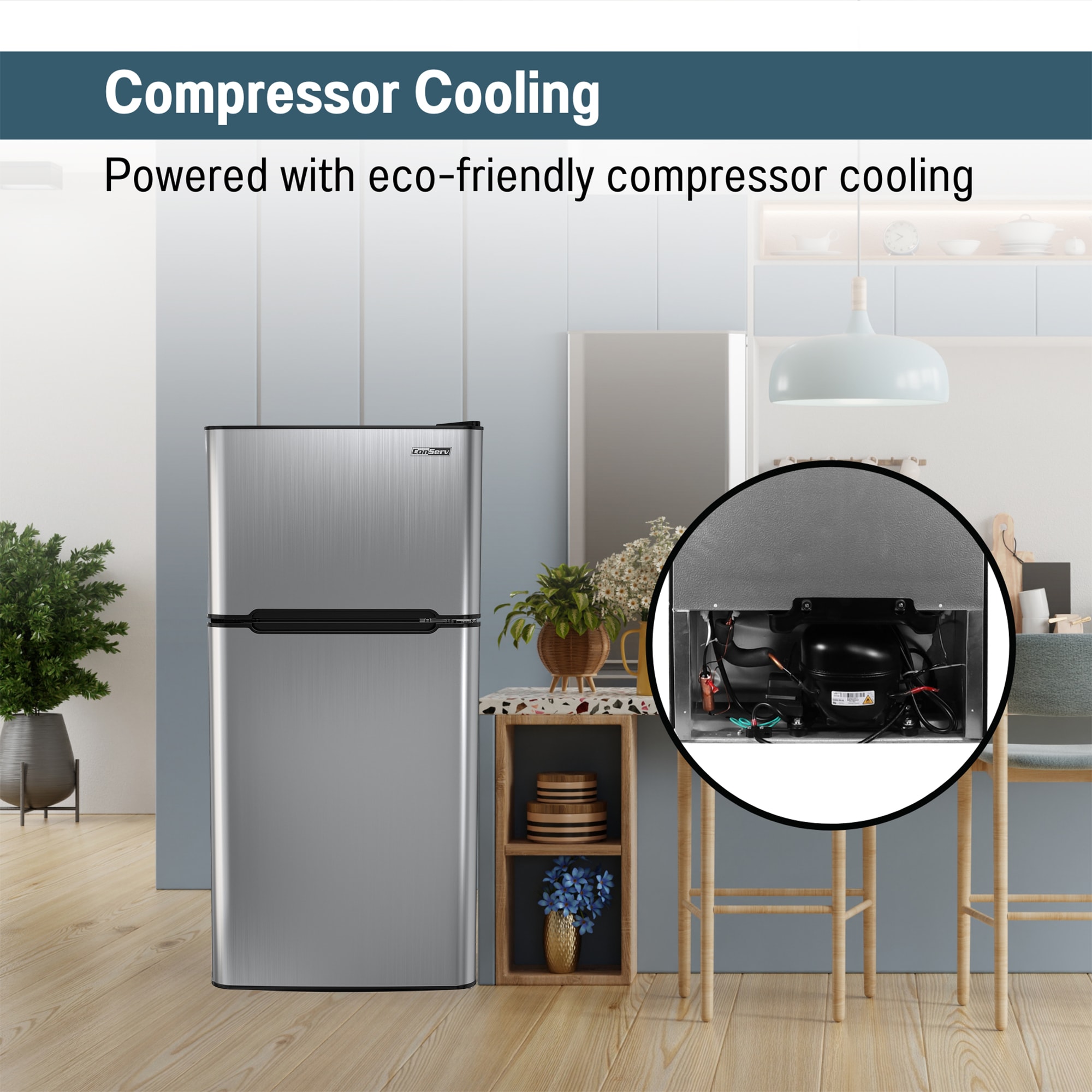 Refrigerador Mini ConServ de 4.5 pies cúbicos con congelador (Acero Inoxidable) CRMF 4502 ACERO.