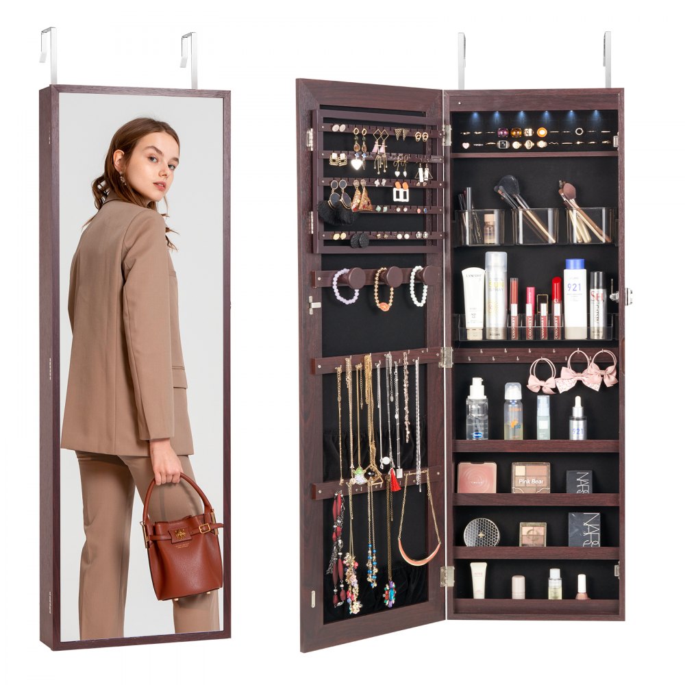 VEVOR Mirror Jewelry Cabinet 42.52in Lockable Wall or Door Mounted Armoire Brown - BGSZBSNJ1454C347EV9