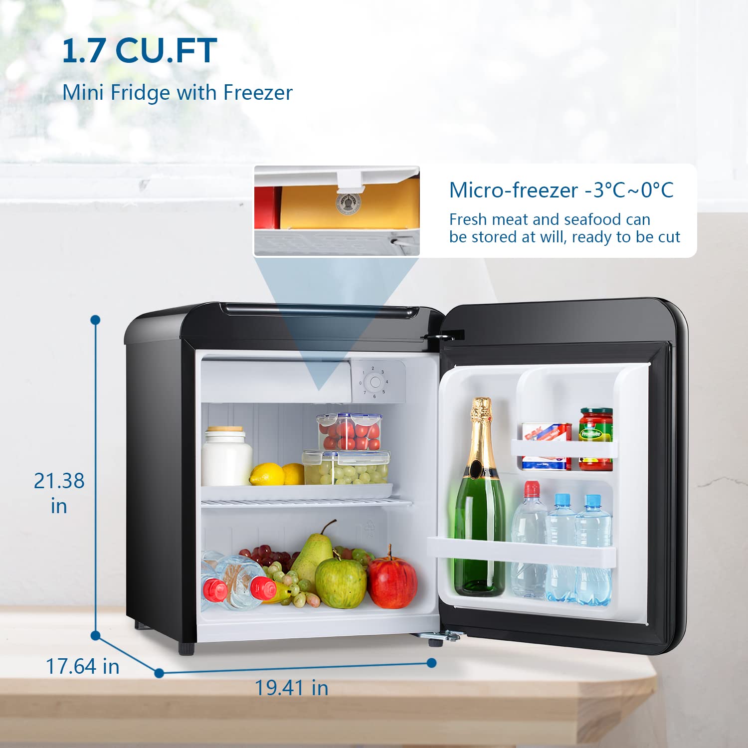 Refrigerador pequeño de 1.7 pies cúbicos con congelador (negro) F6848-NEGRO