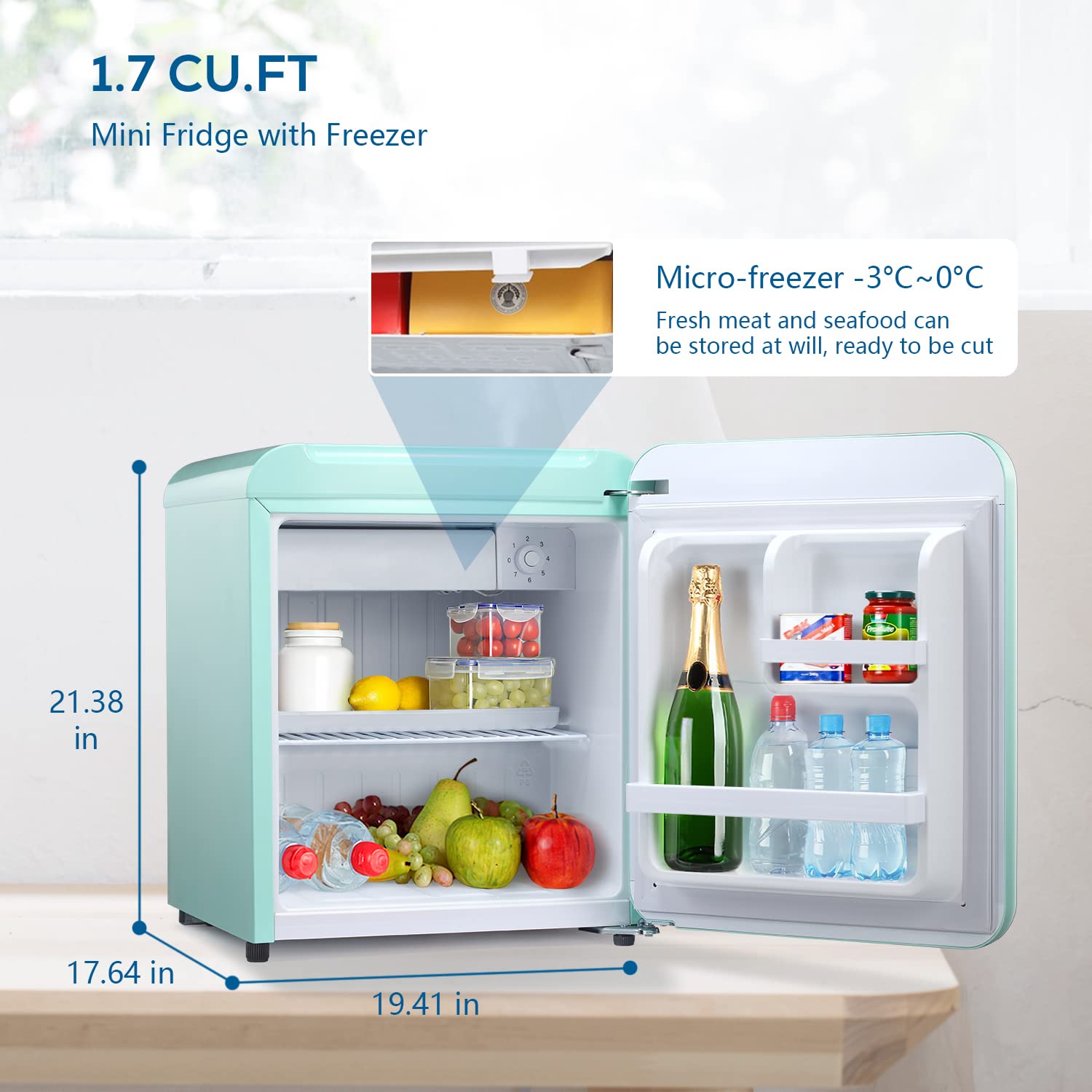 Refrigerador pequeño de 1.7 pies cúbicos con congelador (verde) F6848-VERDE