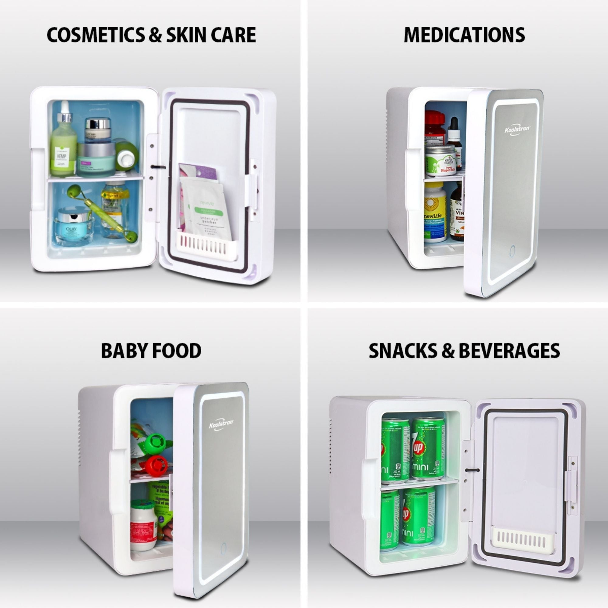 Refrigerador de Cosméticos Koolatron de 6 Litros con Espejo Iluminado para Maquillaje 0.21 Pies Cúbicos Mini Refrigerador (Blanco, Plateado) COSM6