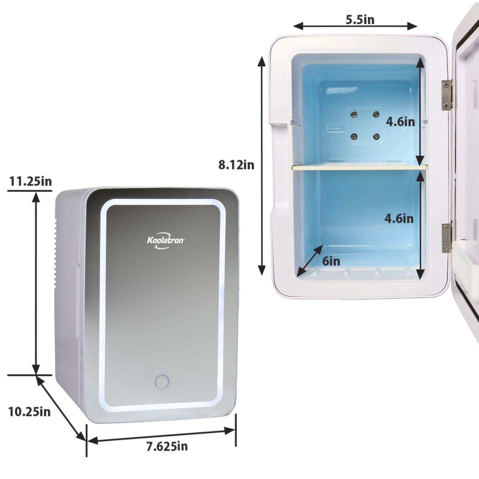 Refrigerador de Cosméticos Koolatron de 6 Litros con Espejo Iluminado para Maquillaje 0.21 Pies Cúbicos Mini Refrigerador (Blanco, Plateado) COSM6