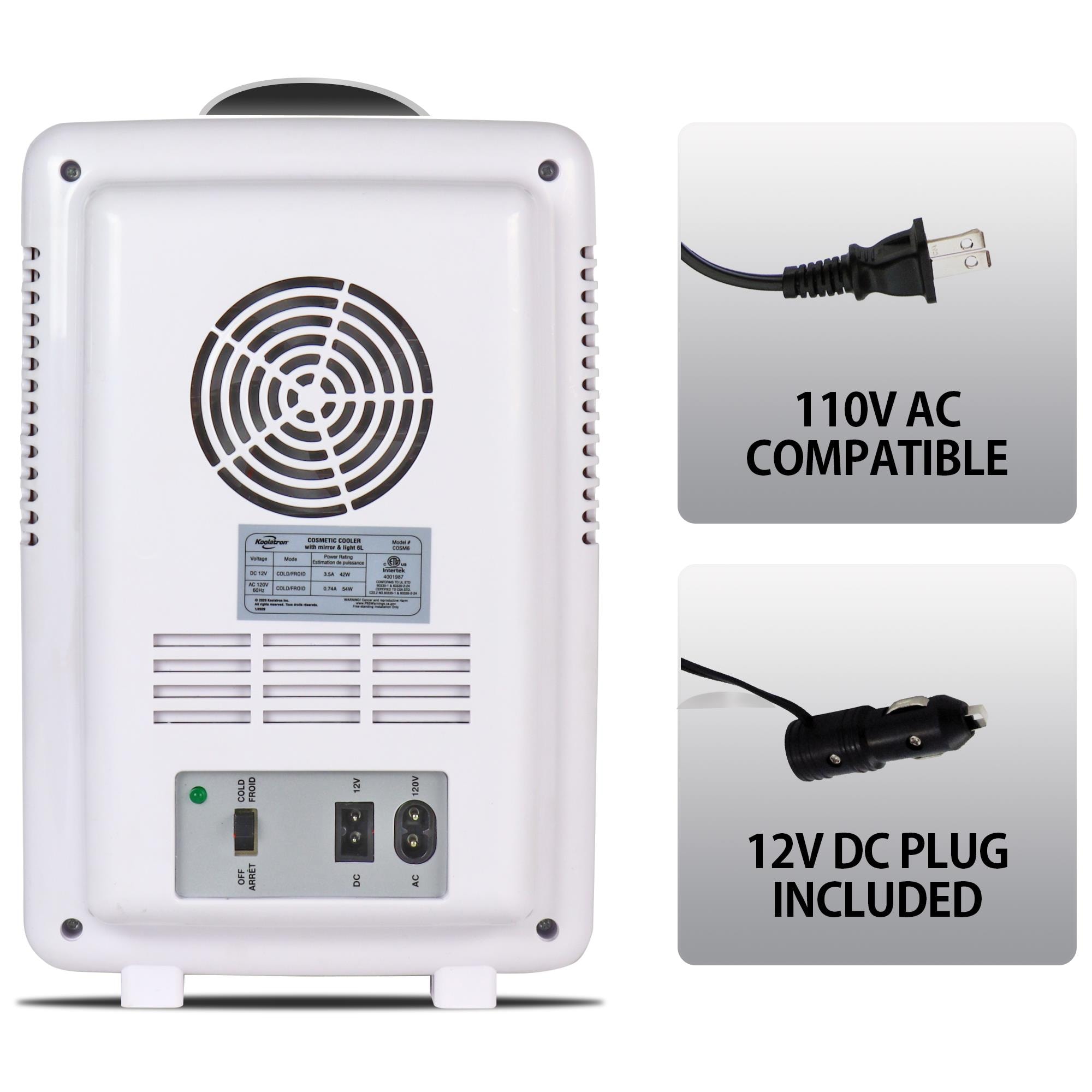Refrigerador de Cosméticos Koolatron de 6 Litros con Espejo Iluminado para Maquillaje 0.21 Pies Cúbicos Mini Refrigerador (Blanco, Plateado) COSM6