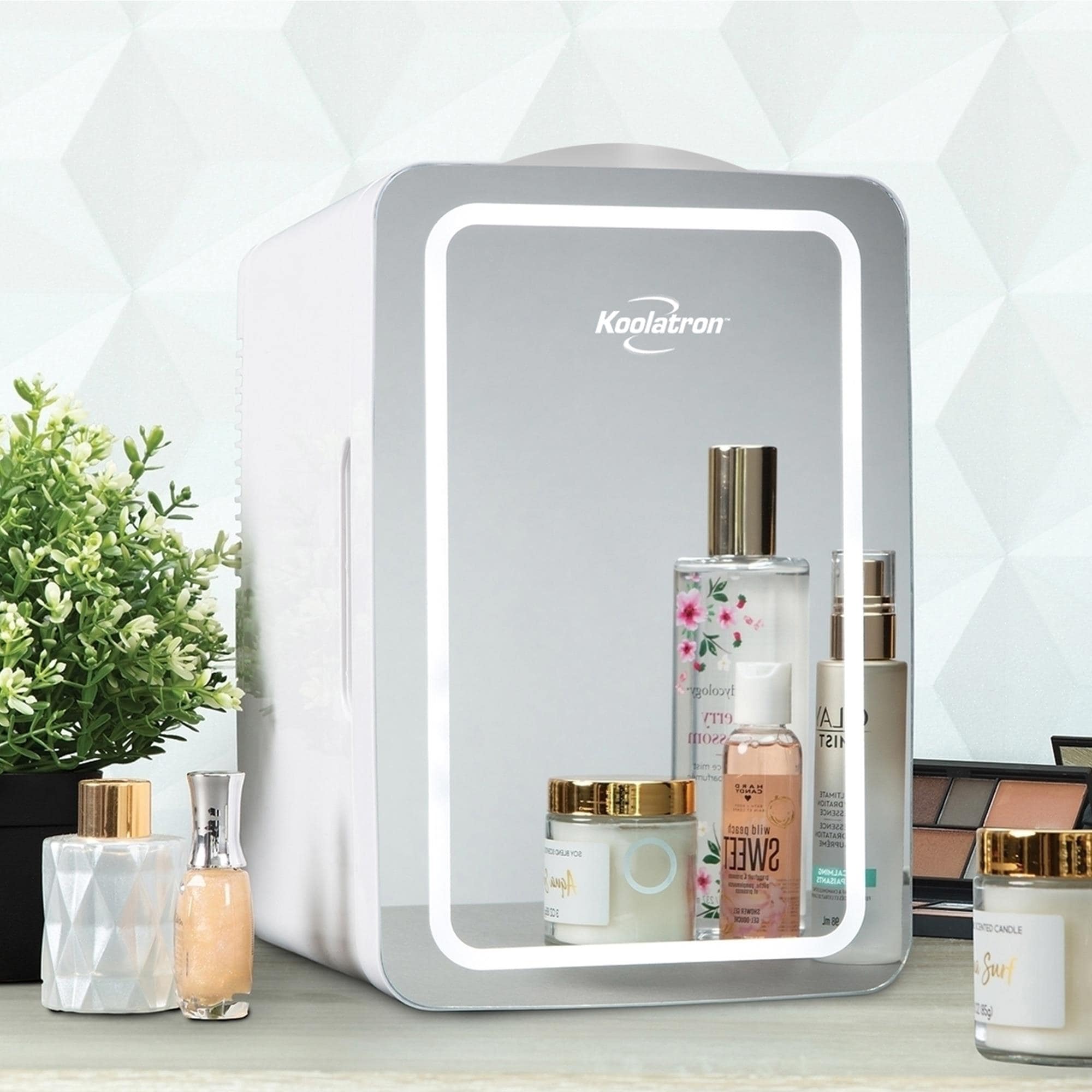 Refrigerador de Cosméticos Koolatron de 6 Litros con Espejo Iluminado para Maquillaje 0.21 Pies Cúbicos Mini Refrigerador (Blanco, Plateado) COSM6