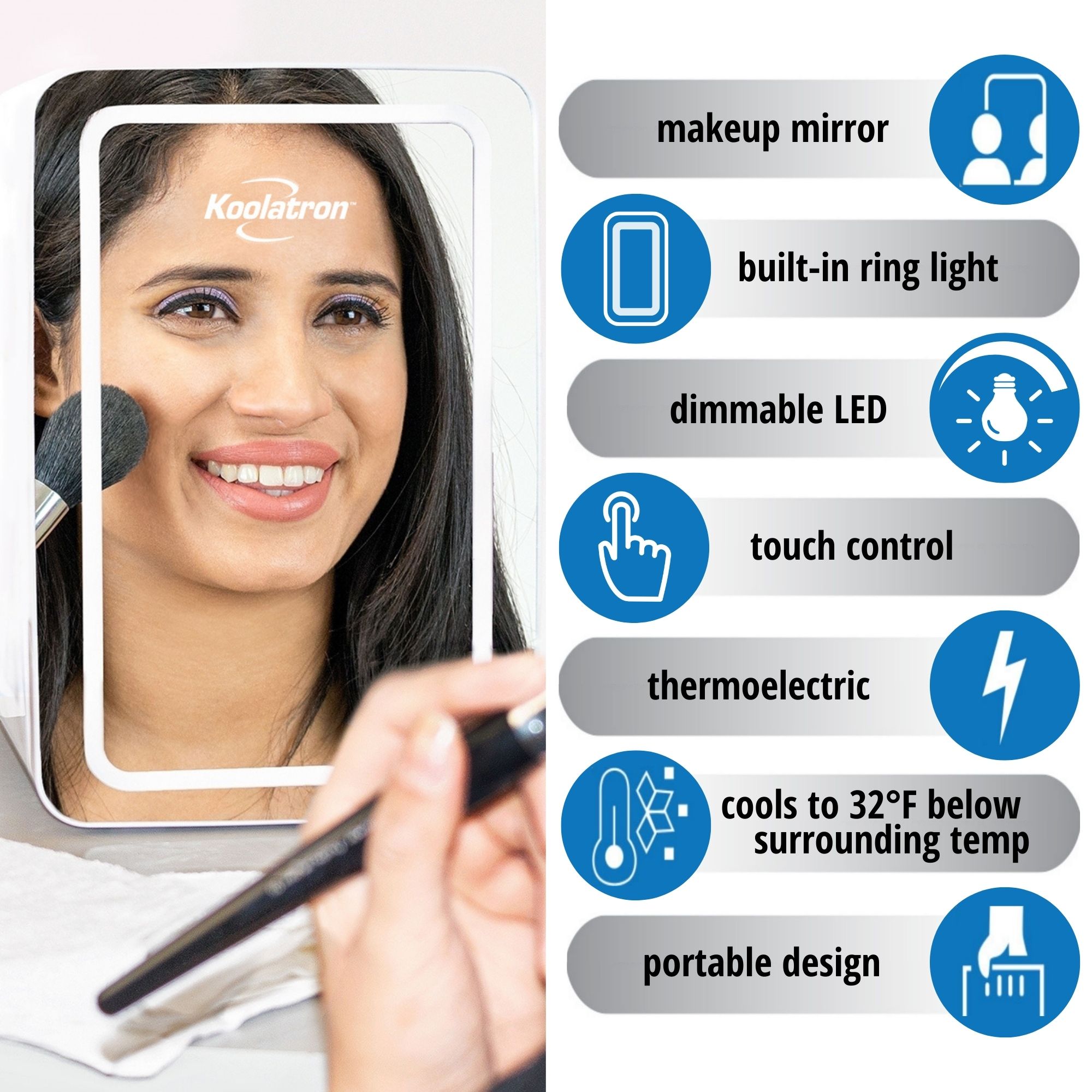 Refrigerador de Cosméticos Koolatron de 6 Litros con Espejo Iluminado para Maquillaje 0.21 Pies Cúbicos Mini Refrigerador (Blanco, Plateado) COSM6