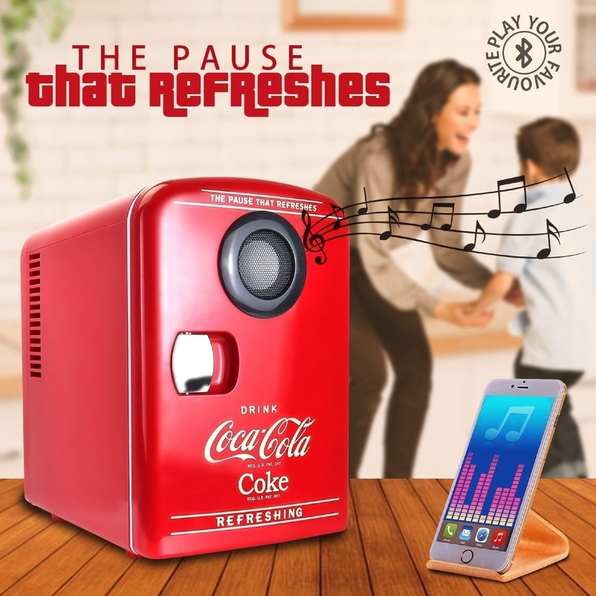 Enfriador/Calentador de Coca-Cola de 4L con Altavoz Bluetooth y Nevera Minibar de 0.14 pies cúbicos (Rojo, Negro) KWC04 BT