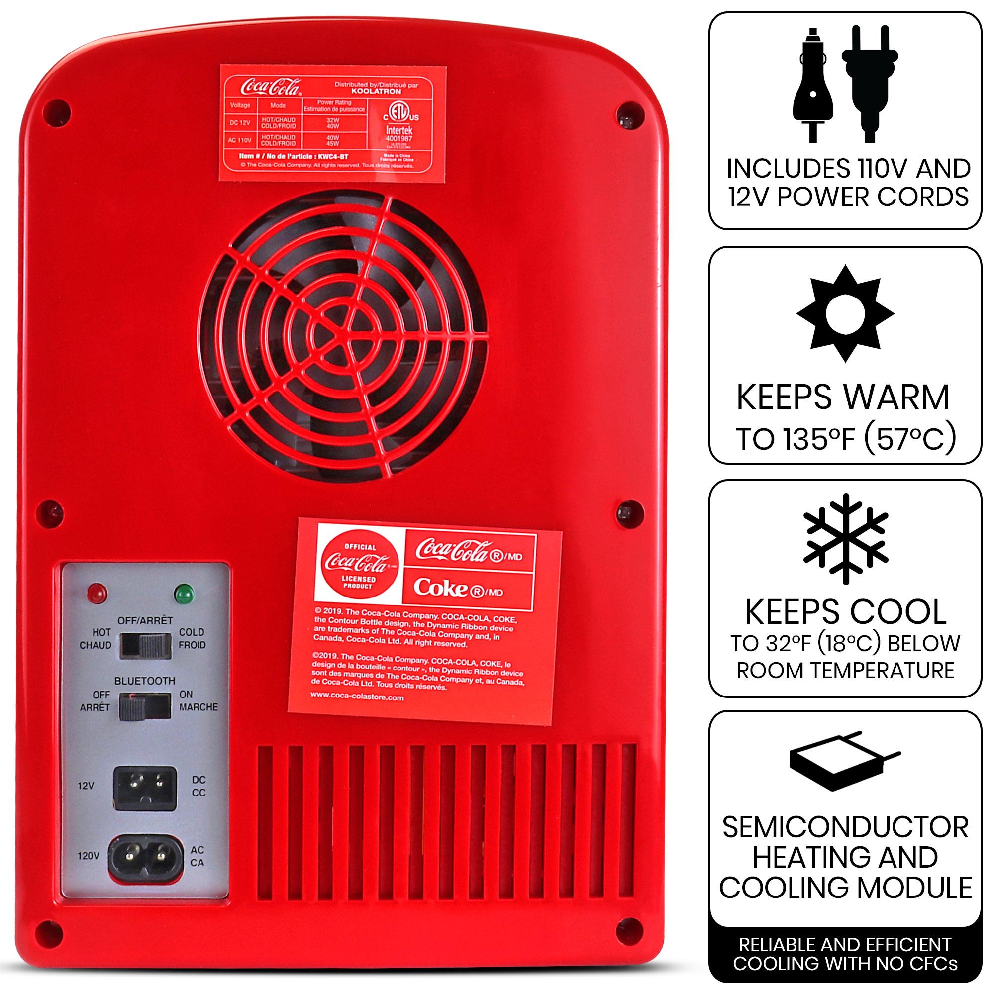 Enfriador/Calentador de Coca-Cola de 4L con Altavoz Bluetooth y Nevera Minibar de 0.14 pies cúbicos (Rojo, Negro) KWC04 BT