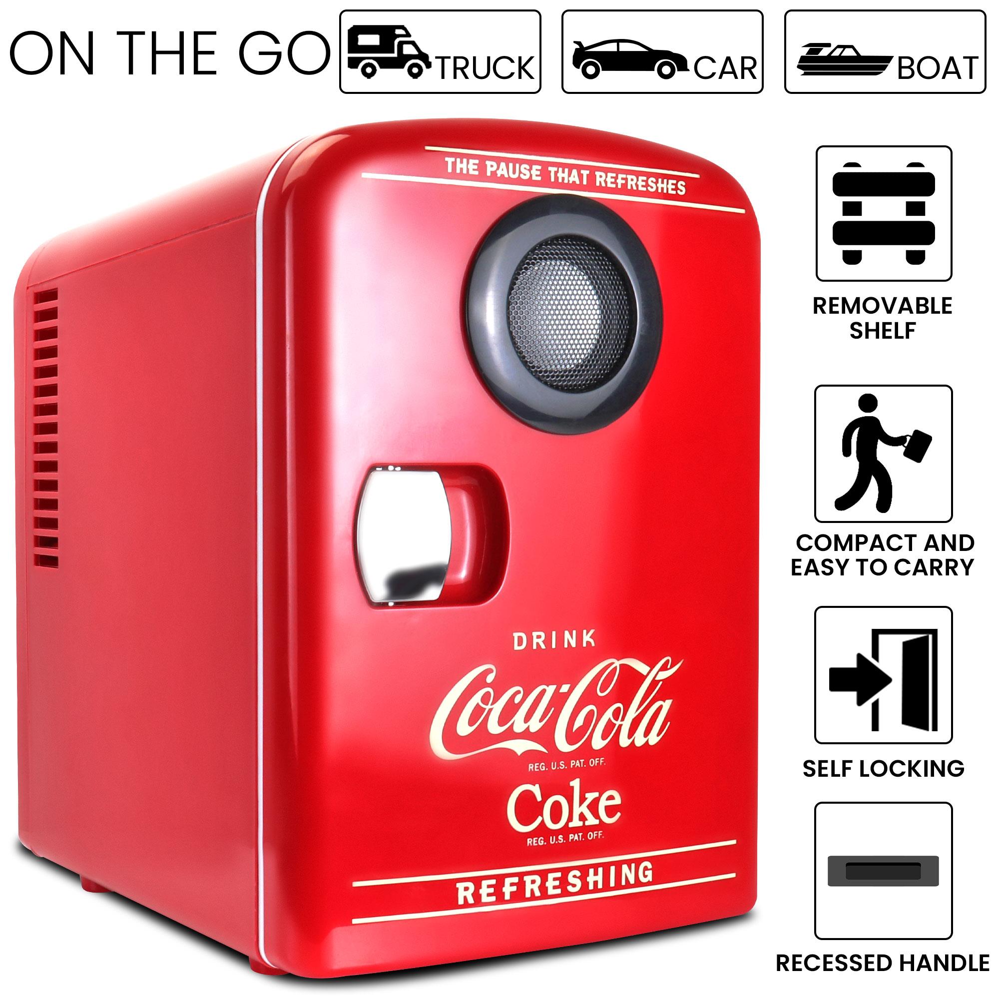 Enfriador/Calentador de Coca-Cola de 4L con Altavoz Bluetooth y Nevera Minibar de 0.14 pies cúbicos (Rojo, Negro) KWC04 BT