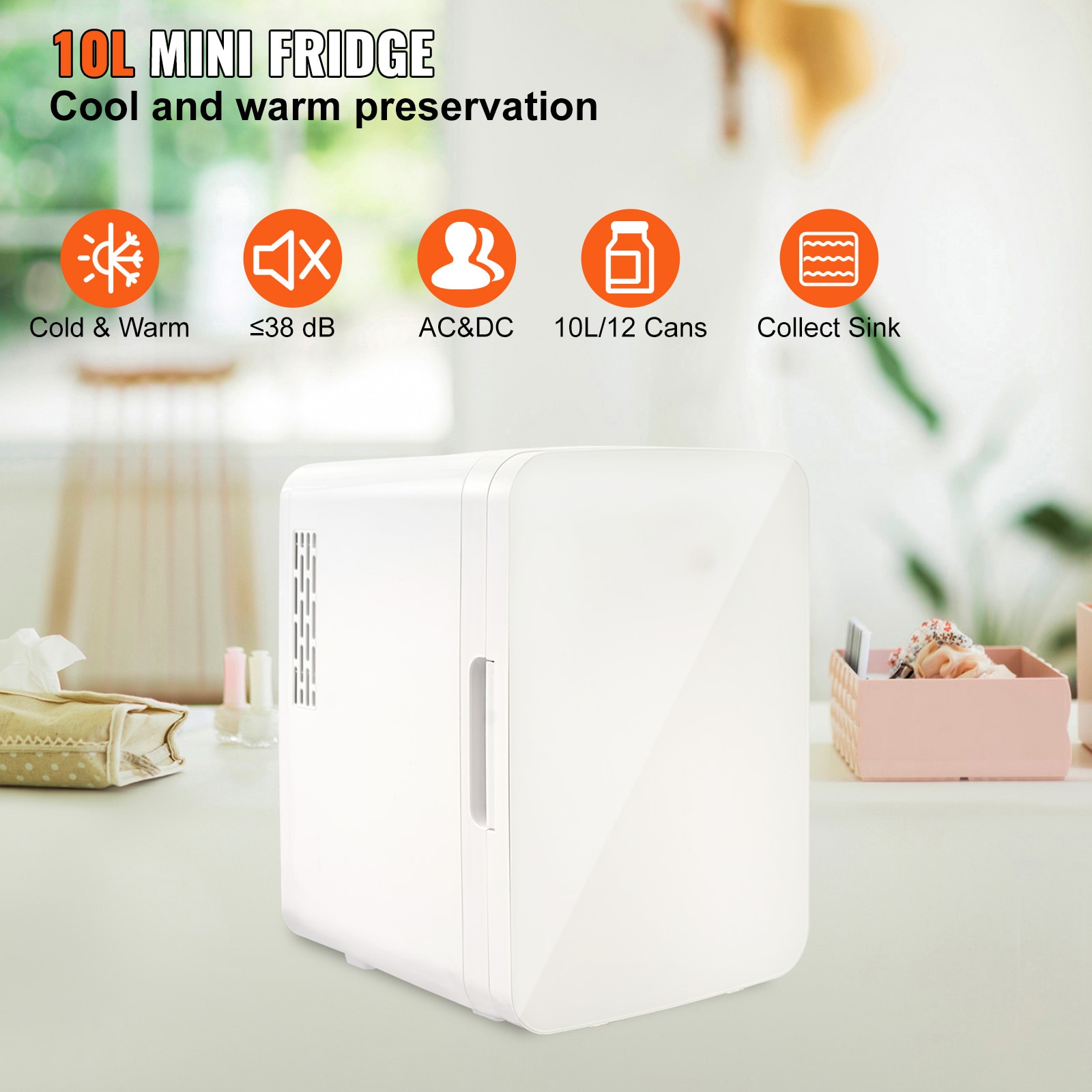 Refrigerador Pequeño de 10 litros y 12V con Congelador para Garaje (Recubrimiento de Aluminio Blanco)