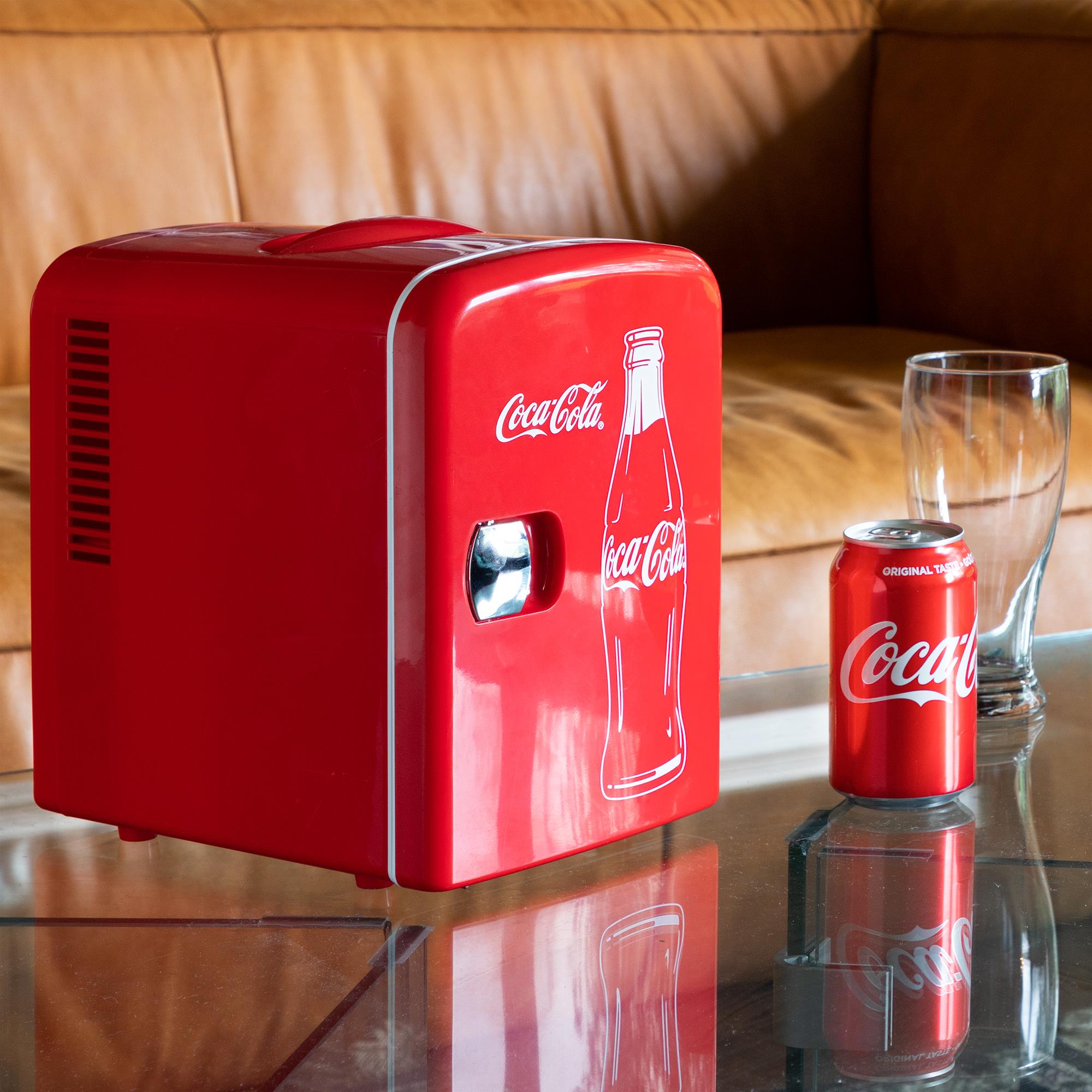 Refrigerador portátil de 4L para botellas de Coca-Cola Classic y 6 latas de refresco (rojo, blanco) 0.14 pies cúbicos.