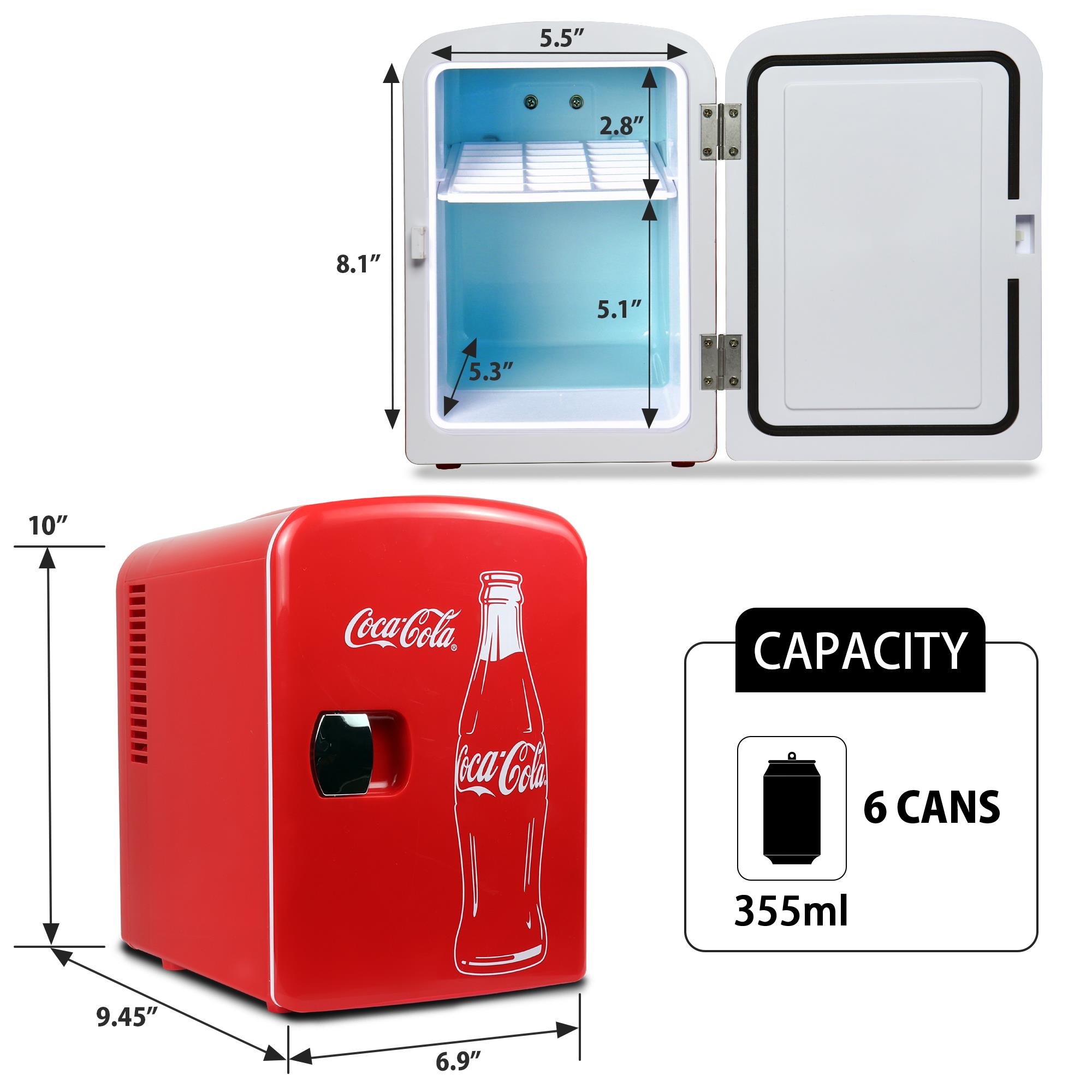 Refrigerador portátil de 4L para botellas de Coca-Cola Classic y 6 latas de refresco (rojo, blanco) 0.14 pies cúbicos.