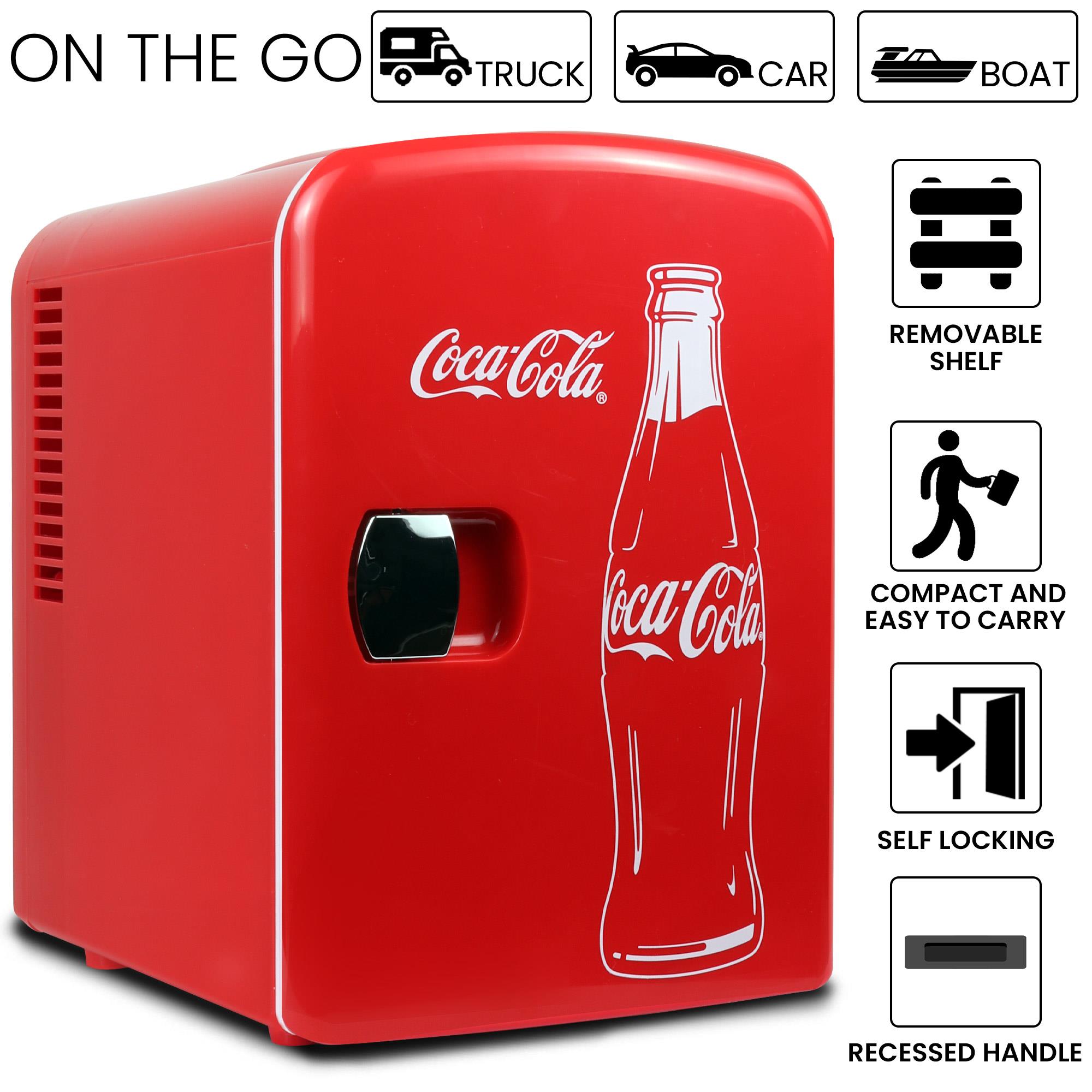 Refrigerador portátil de 4L para botellas de Coca-Cola Classic y 6 latas de refresco (rojo, blanco) 0.14 pies cúbicos.