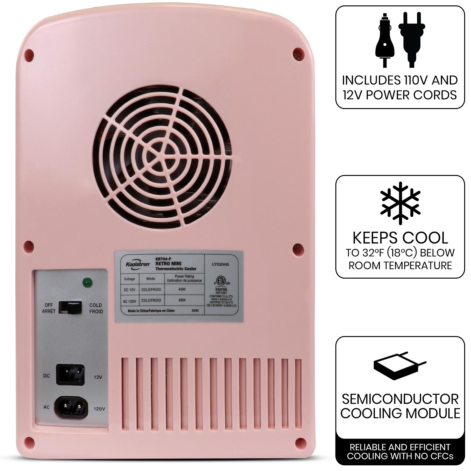 Enfriador personal portátil retro de 4 litros de Koolatron para 6 latas en color rosa
