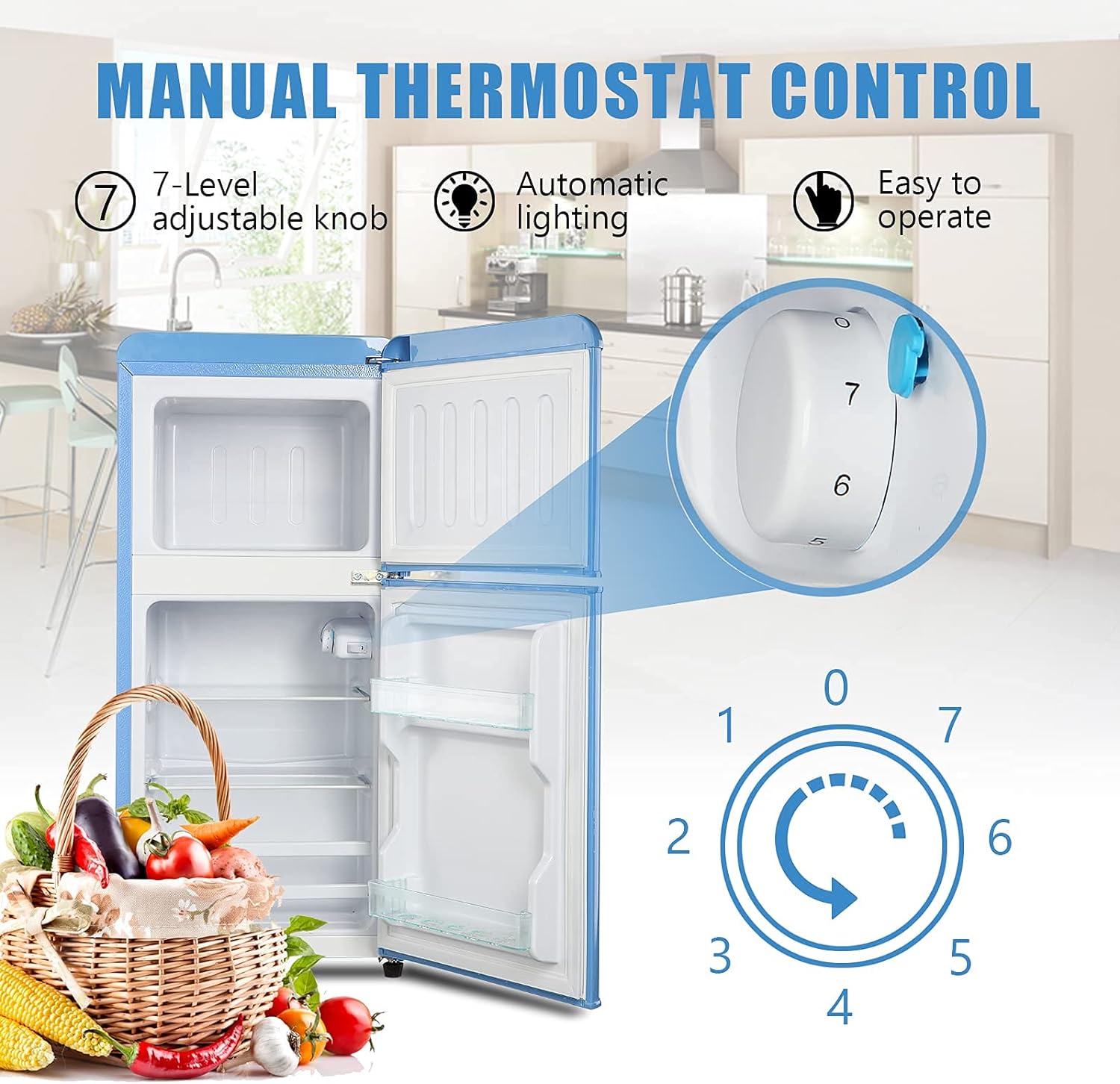 Refrigerador 3.5 pies cúbicos con congelador (Azul) listo para el garaje HBCOLR-07