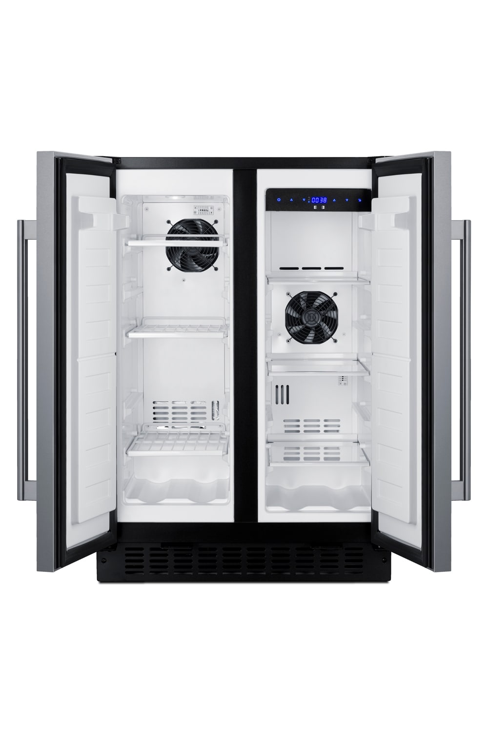 Refrigerador empotrado con congelador de 3.78 pies cúbicos de Summit Appliance (puerta de acero inoxidable y gabinete negro) FFRF24SS