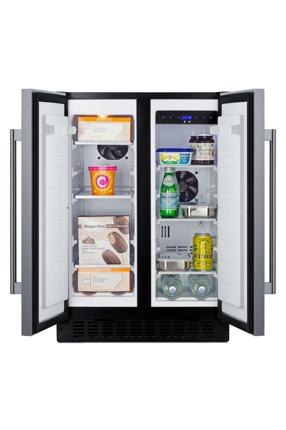 Refrigerador empotrado con congelador de 3.78 pies cúbicos de Summit Appliance (puerta de acero inoxidable y gabinete negro) FFRF24SS
