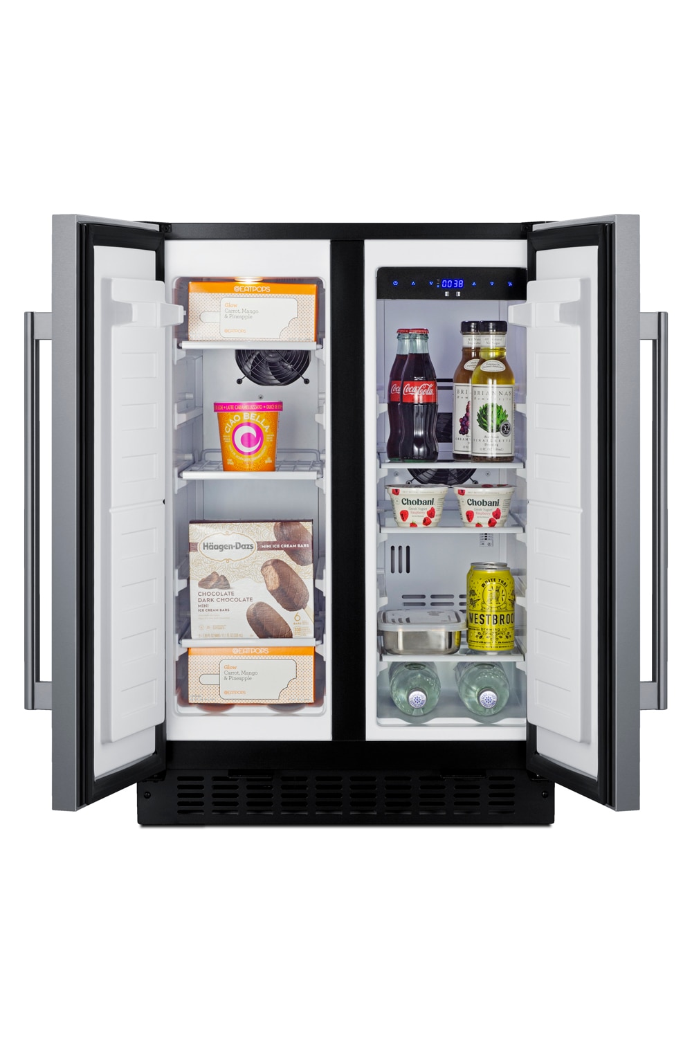 Refrigerador empotrado con congelador de 3.78 pies cúbicos de Summit Appliance (puerta de acero inoxidable y gabinete negro) FFRF24SS