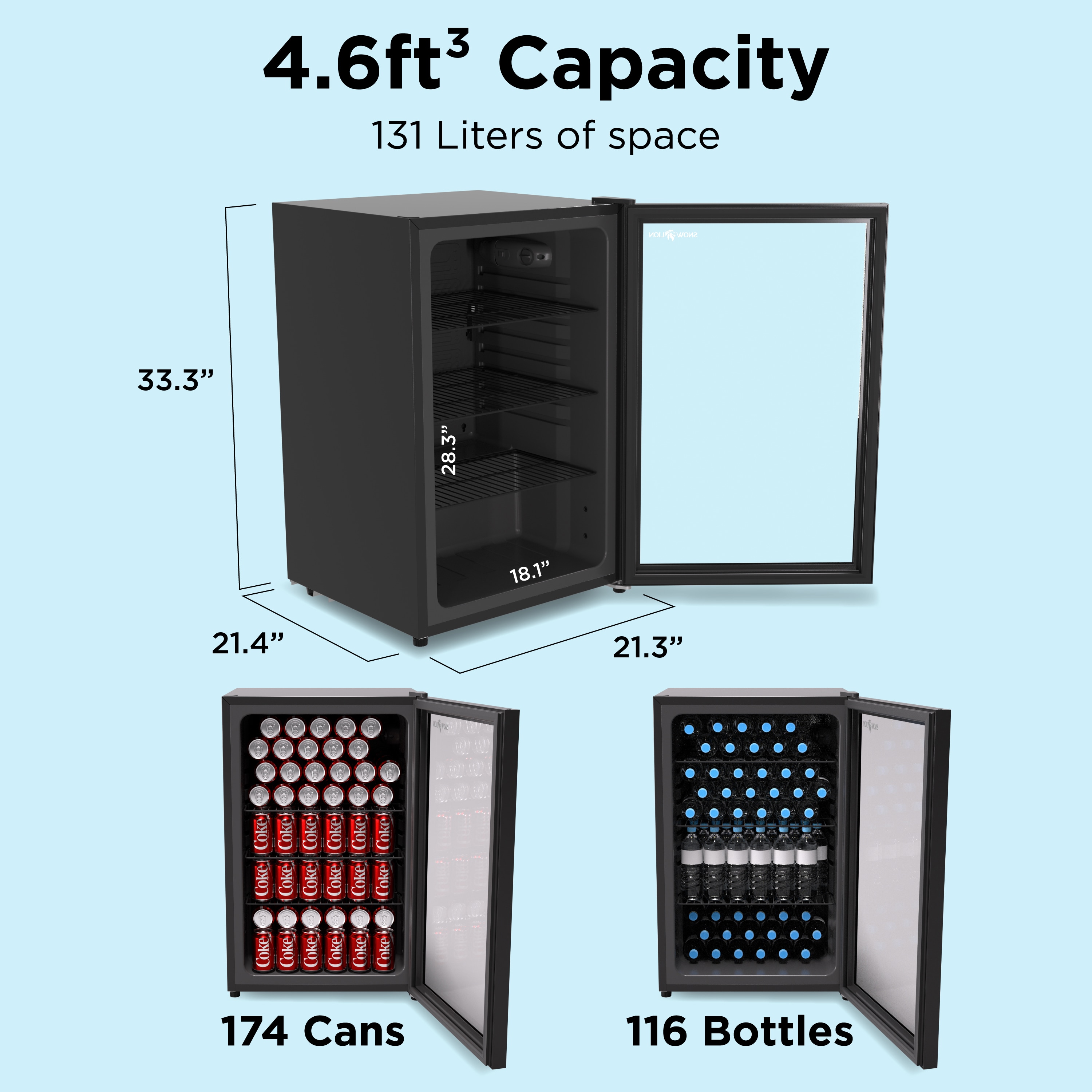 Refrigerador Mini con Puerta de Cristal para Bebidas de 131 Litros SnowLion Premium (Negro) Listo para el Garaje 4.6 Pies Cúbicos OSFG023-BXL