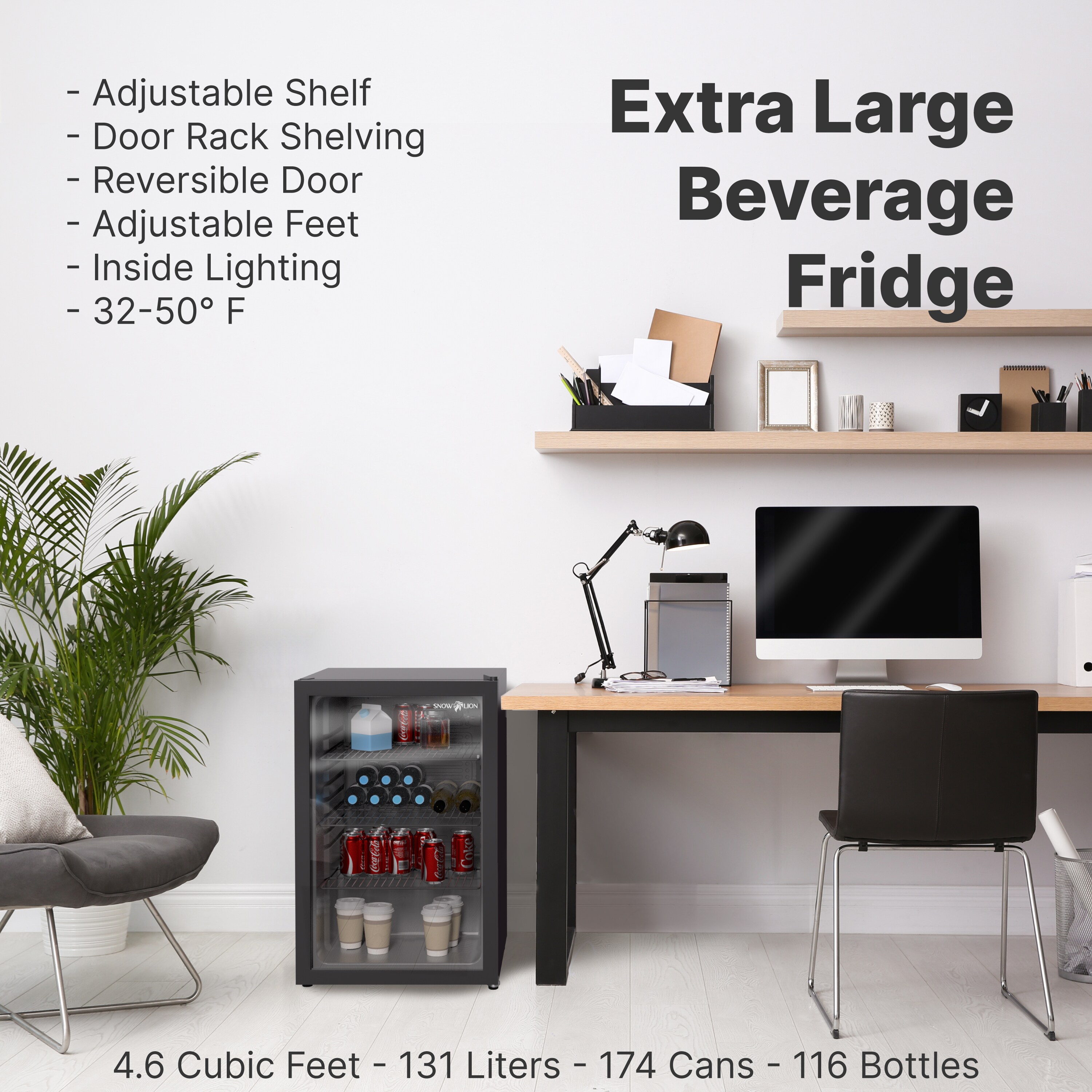 Refrigerador Mini con Puerta de Cristal para Bebidas de 131 Litros SnowLion Premium (Negro) Listo para el Garaje 4.6 Pies Cúbicos OSFG023-BXL