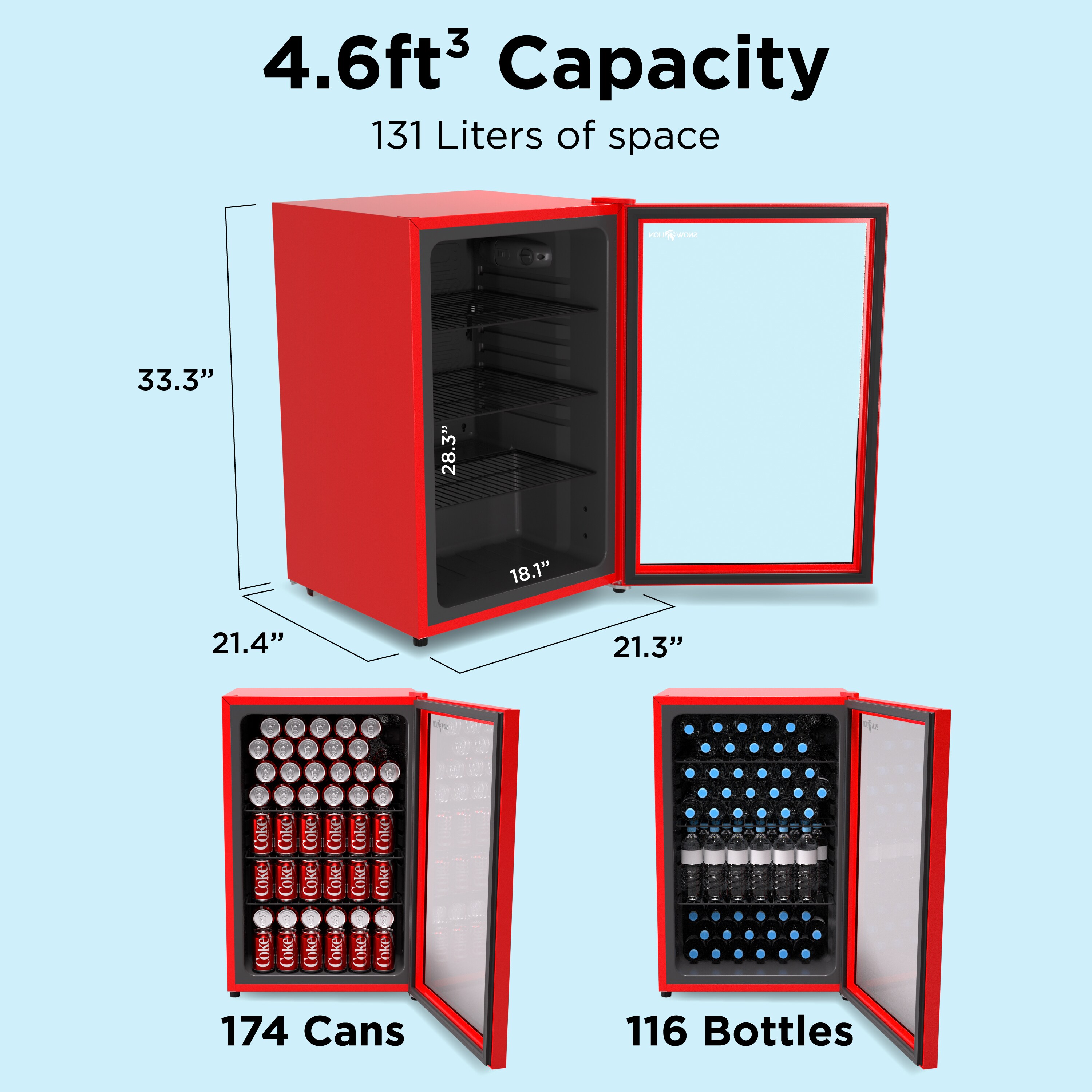 Refrigerador Mini de 4.6 pies cúbicos con Puerta de Cristal para Bebidas SnowLion Premium de 131L (Rojo) Listo para el Garaje OSFG022-RXL